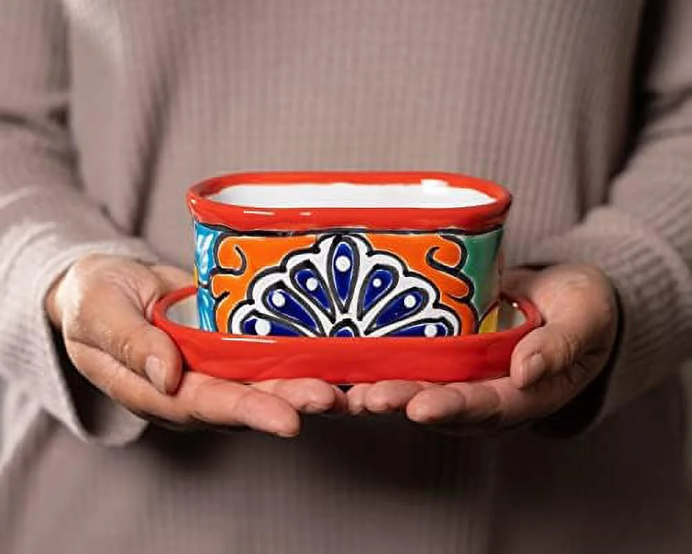 Mexican  Ceramic Succulent Mini Flower Planter Cactus Bonsai W/Drainage  Drip Dish Home Garden Office Desk Décor Gift Set (Red)