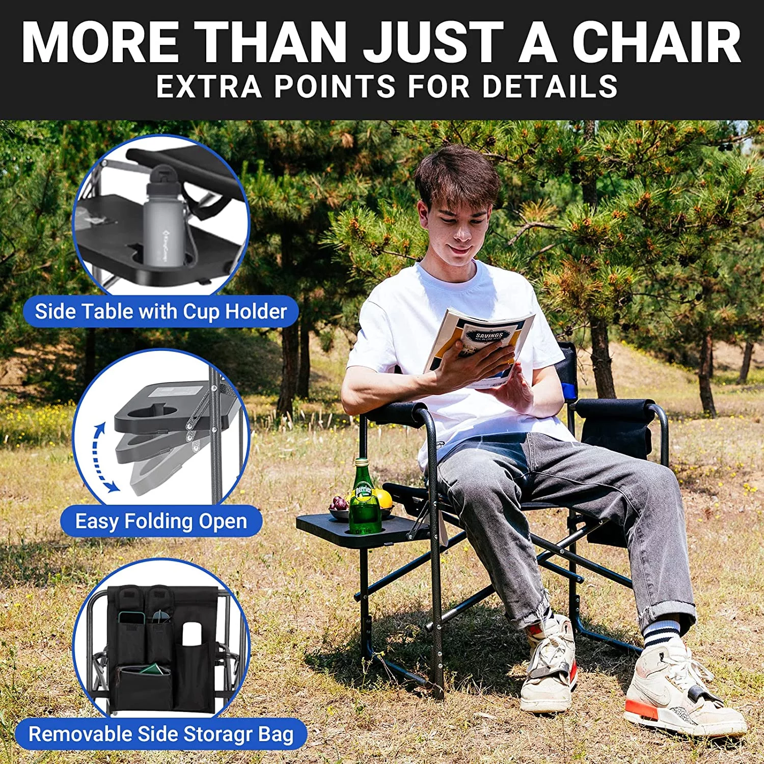 KingCamp Folding Camping Chair Heavy Duty Director Chair with Side Table and Side Pockets for Adult, Blue