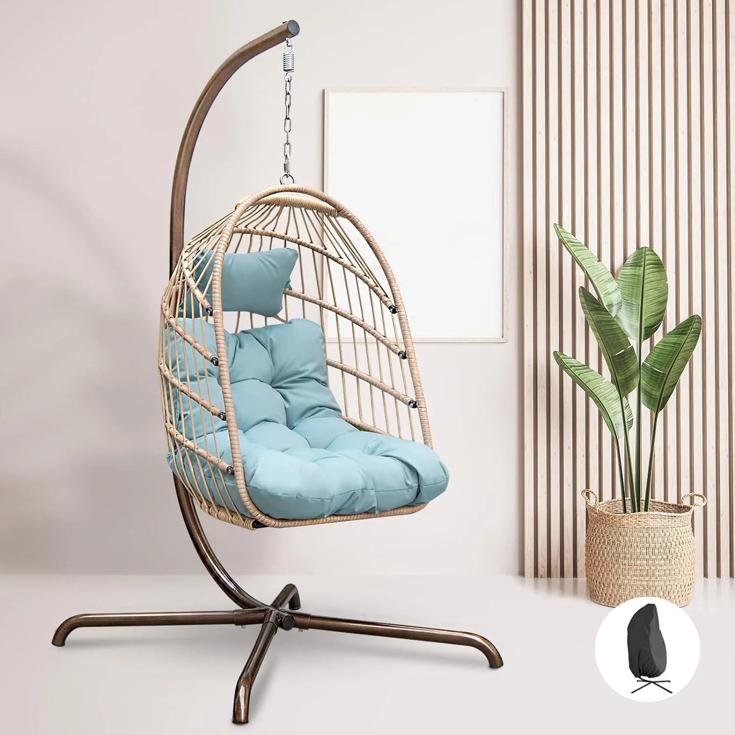 RADIARA Foldable Wicker Rattan Hanging Egg Chair with Stand, Swing Chair with Cushion and Pillow, Lounging Chair for Indoor Outdoor Bedroom Patio Garden (Blue with Cover&Stand)