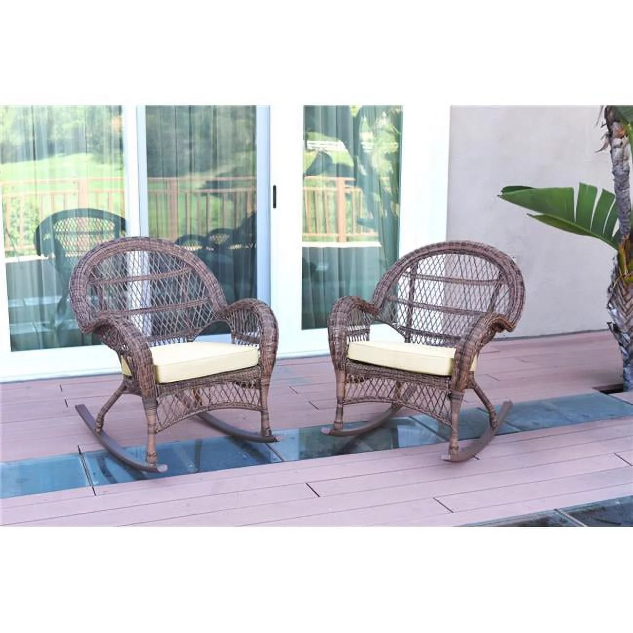 W00210-R-2-FS001 Santa Maria Honey Wicker Rocker Chair with Ivory Cushion - Set of 2