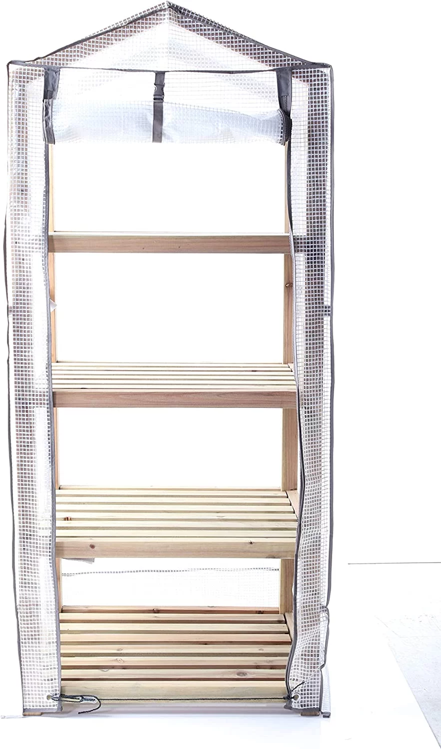 Premium 4-Wooden-Tier Greenhouse R08898 with Reinforced polyethylene Cover. Dimensions: 19