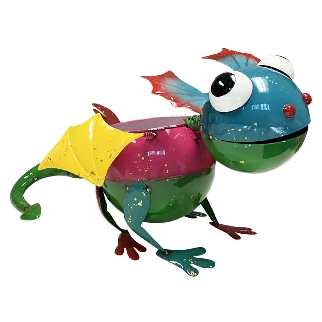 Continental Art Center  Colorful Enameled Metal Winged Lizard Planter - Green & Pink