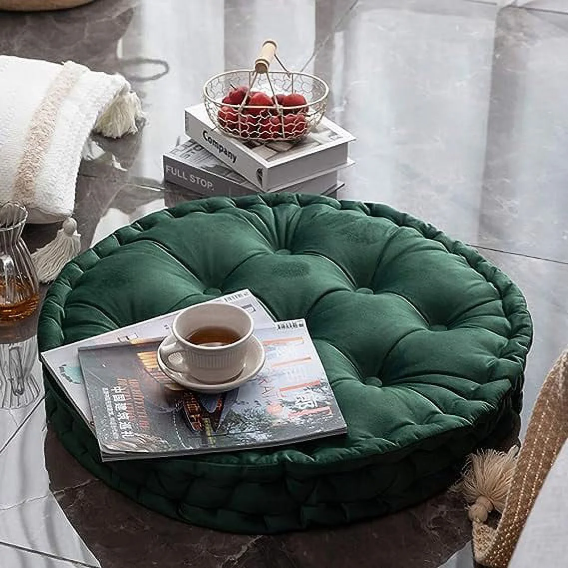 Zhuge Round Floor Pillow with Handle Solid Thick Chair Cushion Super Soft Comfy Seat Cushion Meditation Cushion for Yoga Living Room Sofa Balcony Outdoor (Dark Green, Diameter 24