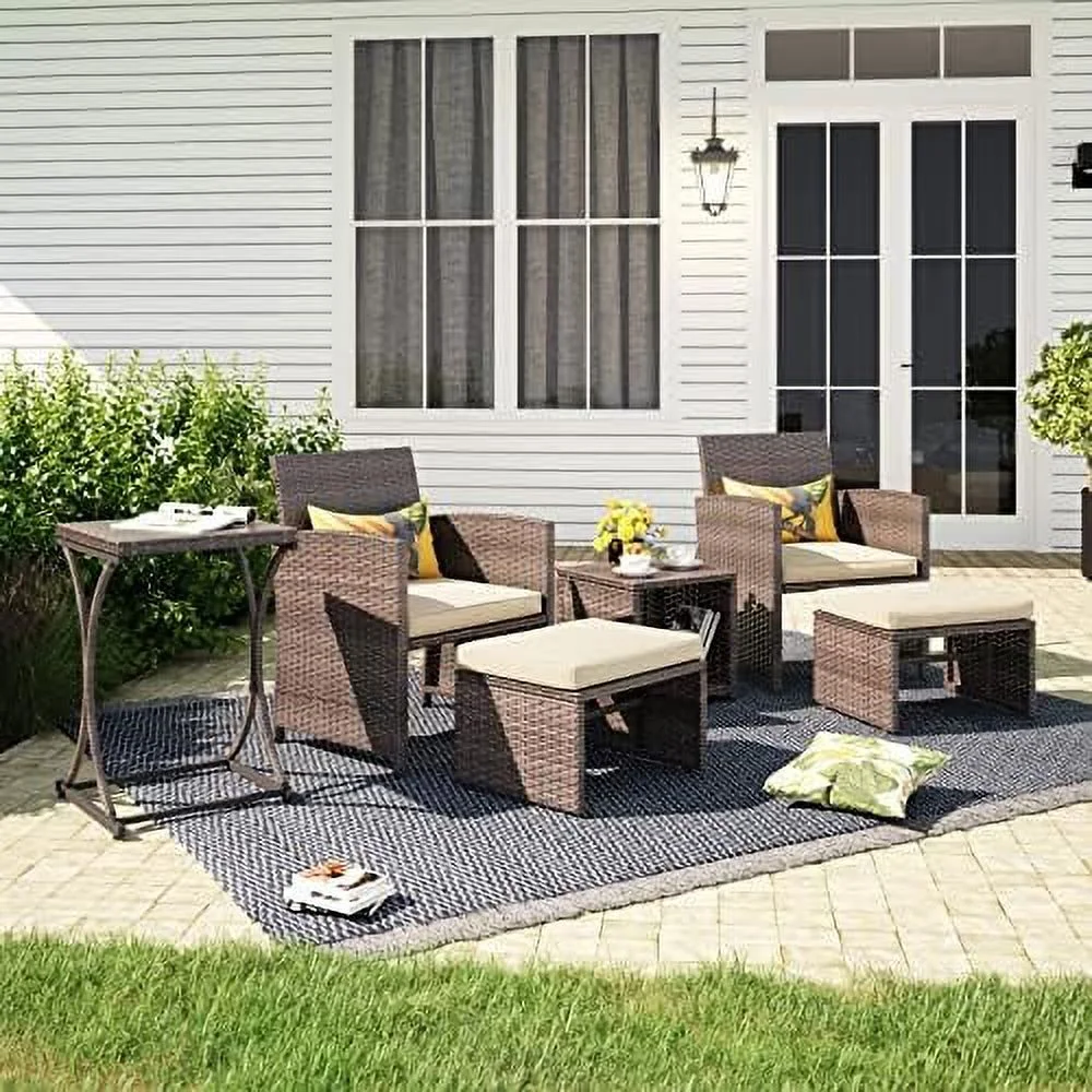 QYFZBIM 6 Piece Patio Wicker  Set  Balcony All Weather Rattan Chair  with Space Saving Ottoman  Resin Nesting Coffee Table  Modern Design  Dark Grey