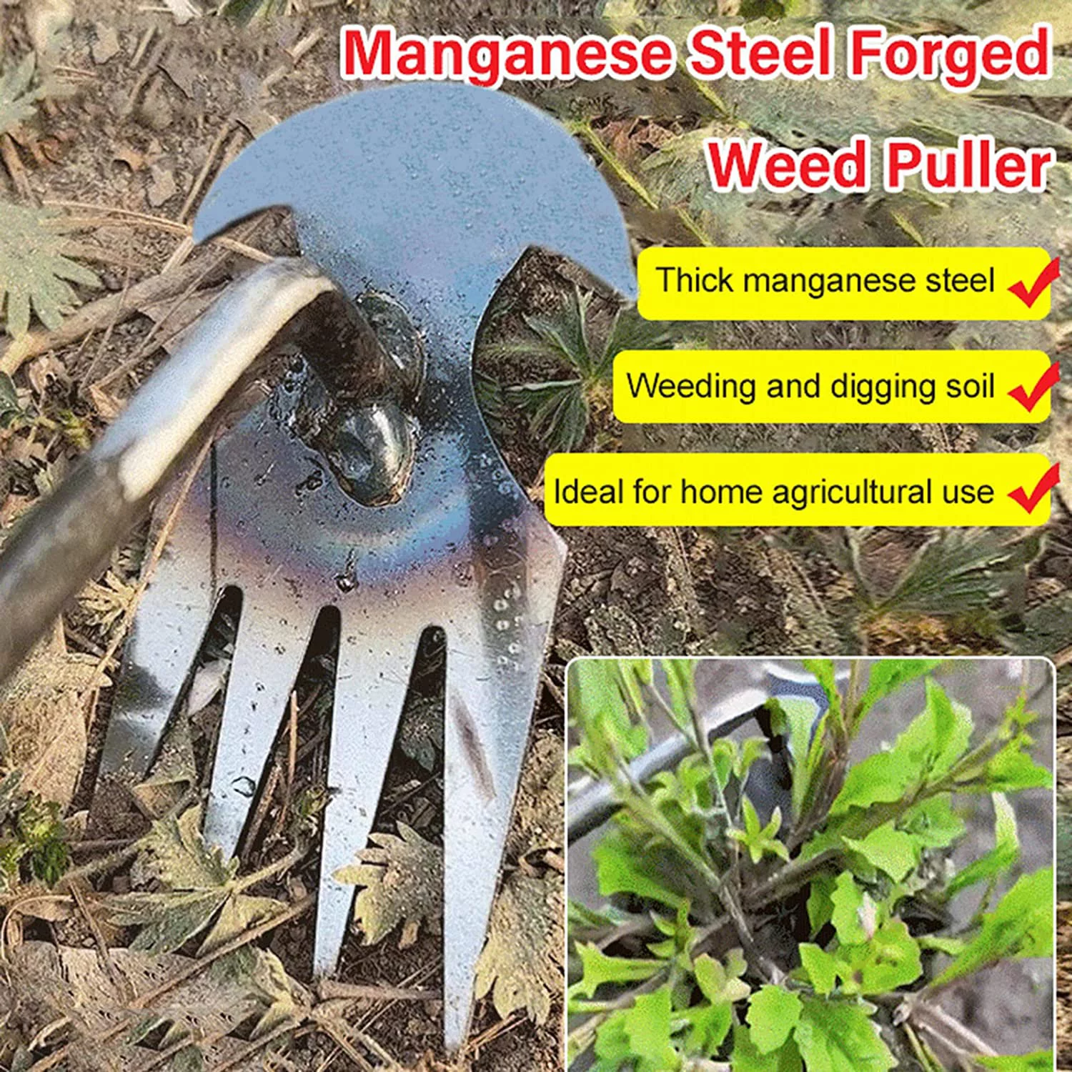 MAVLLY Weeding Artifact Uprooting Weeding Tool, Garden Weeding Tools, Manganese Steel Forged Weed Puller 4 Teeth Dual Purpose Weeder, High Strength Hand Remover Tool for Garden (12 Inch Wooden Handle)