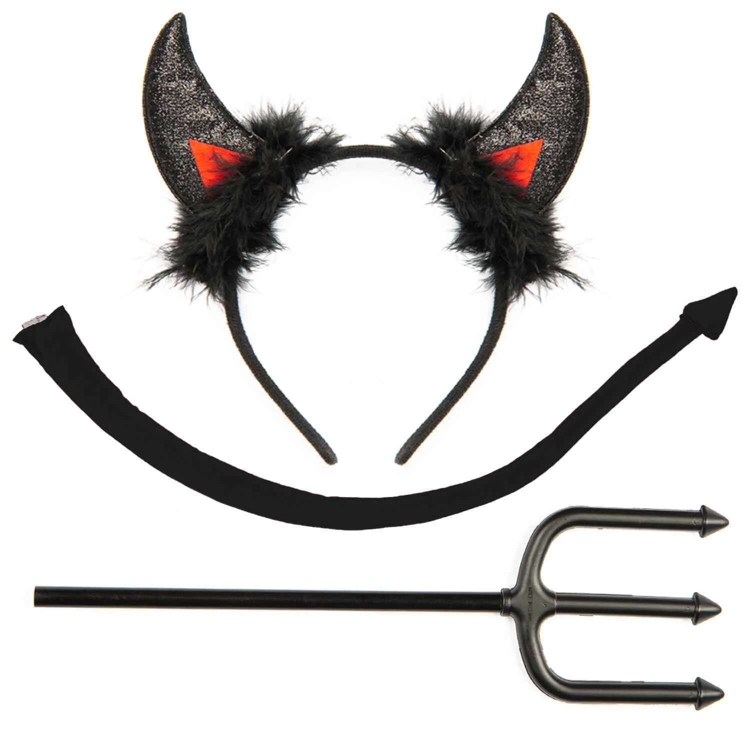 FUNCREDIBLE Devil Costume Accessories Set | Devil Horns and Tail with Pitchfork | Glitter Devil Ears Headband | Halloween Fancy Devil Cosplay Outfit Accessories for Women, Men and Kids (BLACK)