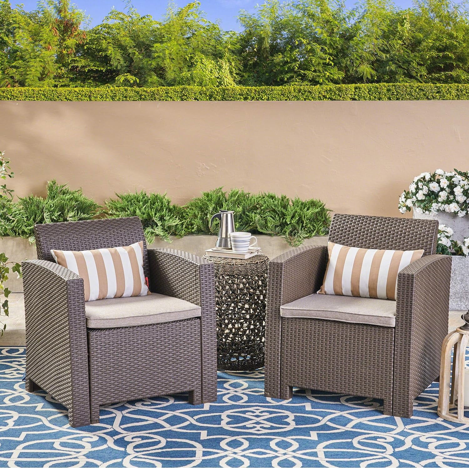 Furniture Outdoor Brown Faux Wicker Club Chairs With Mixed Beige Water Resistant Cushions (Set Of 2)