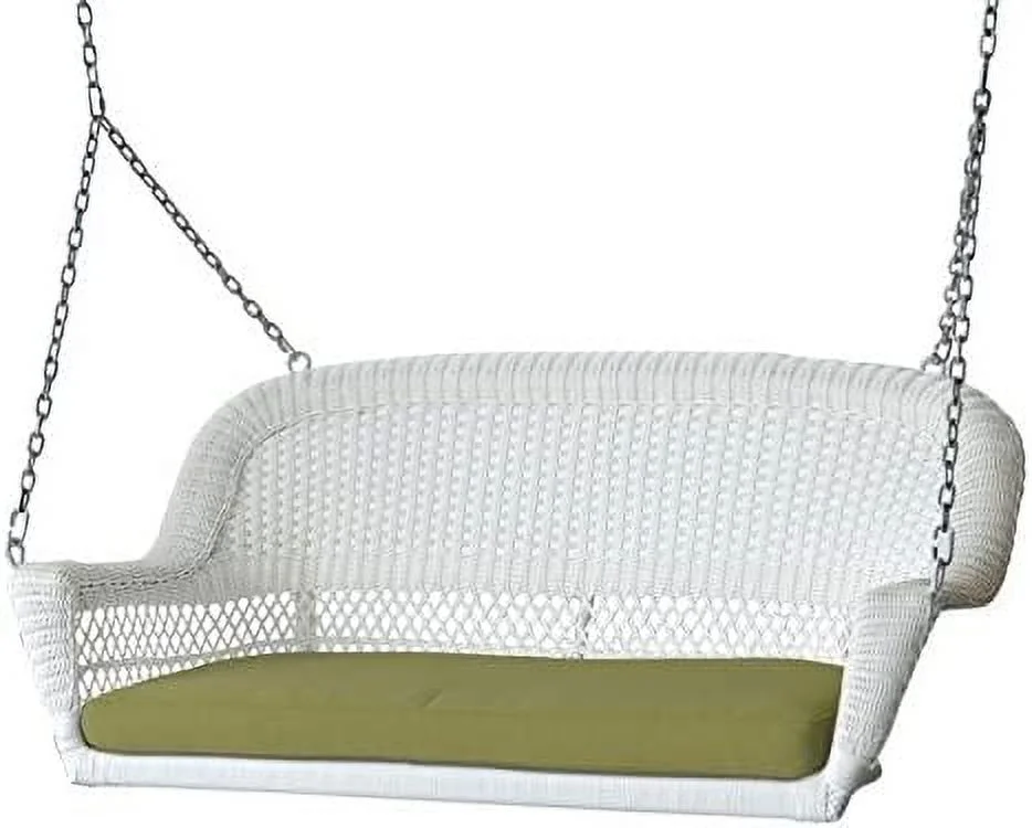 Pemberly Row Wicker Porch Swing in White with Green Cushion