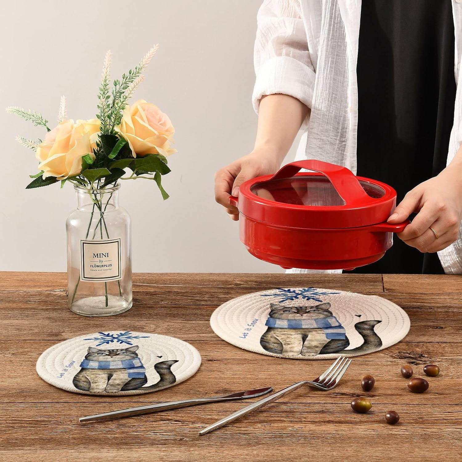 Cute Cat Snowflake Christmas Let It Snow 2 Pcs Round Woven Pot Holders Trivets Set, 100% Cotton Coasters Placemats for Cooking Baking Hot Dish Pan Pot Bowl Teapot, 9.45 In + 7 In