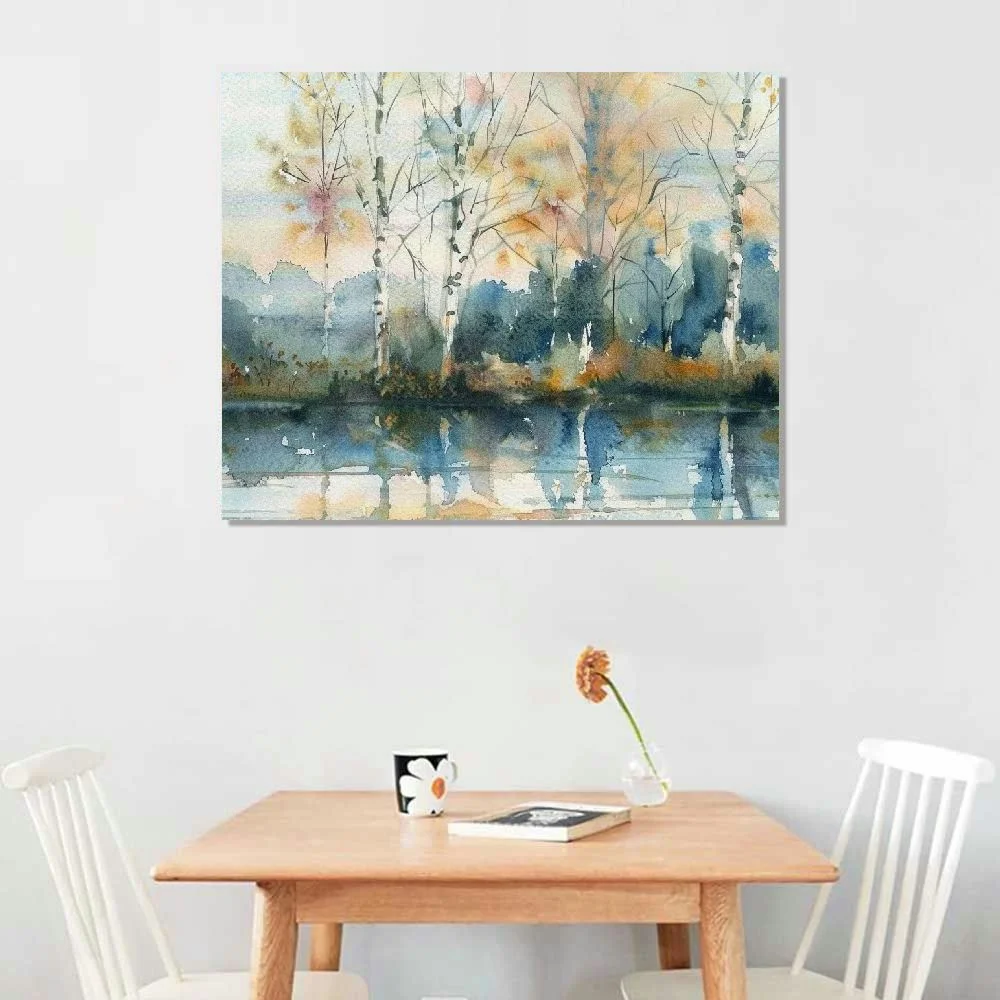 Creowell  Birch Tree Reflections Quaint Lake Clearing Landscape Canvas Wall Art, 20x16 in/16x12 in