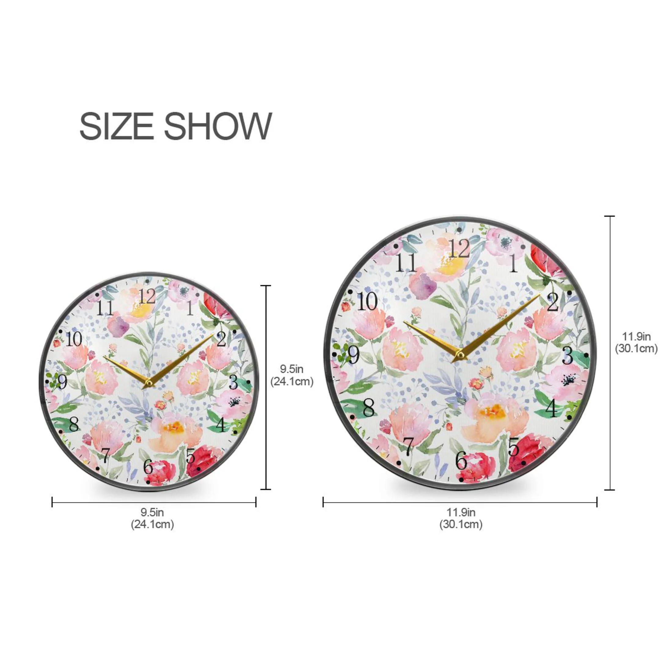 Pink Watercolor Flowers Leaves Acrylic Wall Clocks Quiet Round Clock Battery Operated Non-Ticking Clock for Bedroom Kitchen Office Decorative 9.5 Inch