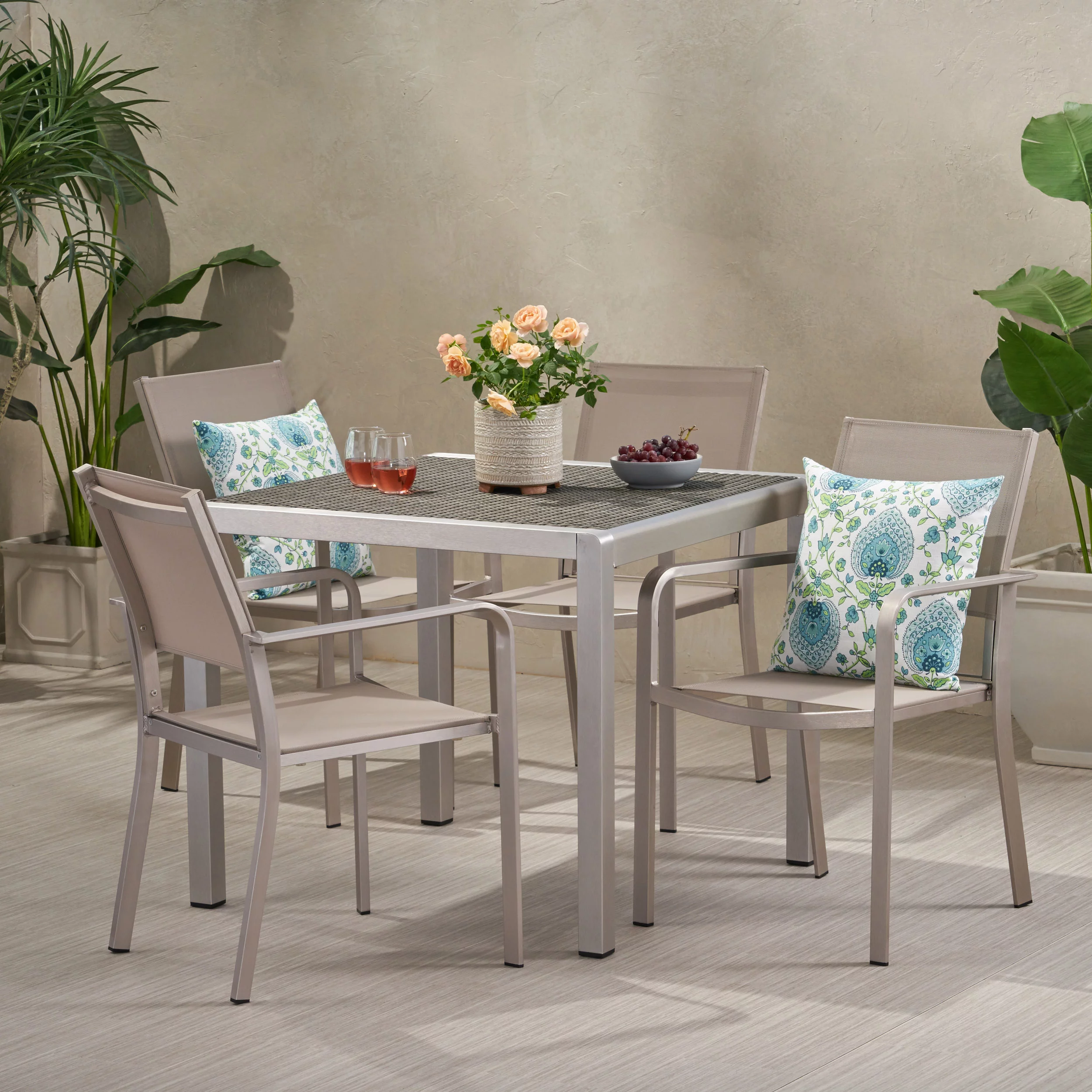 Noble House Boris 5 Piece Square Wicker Top Patio Dining Set in Silver and Taupe