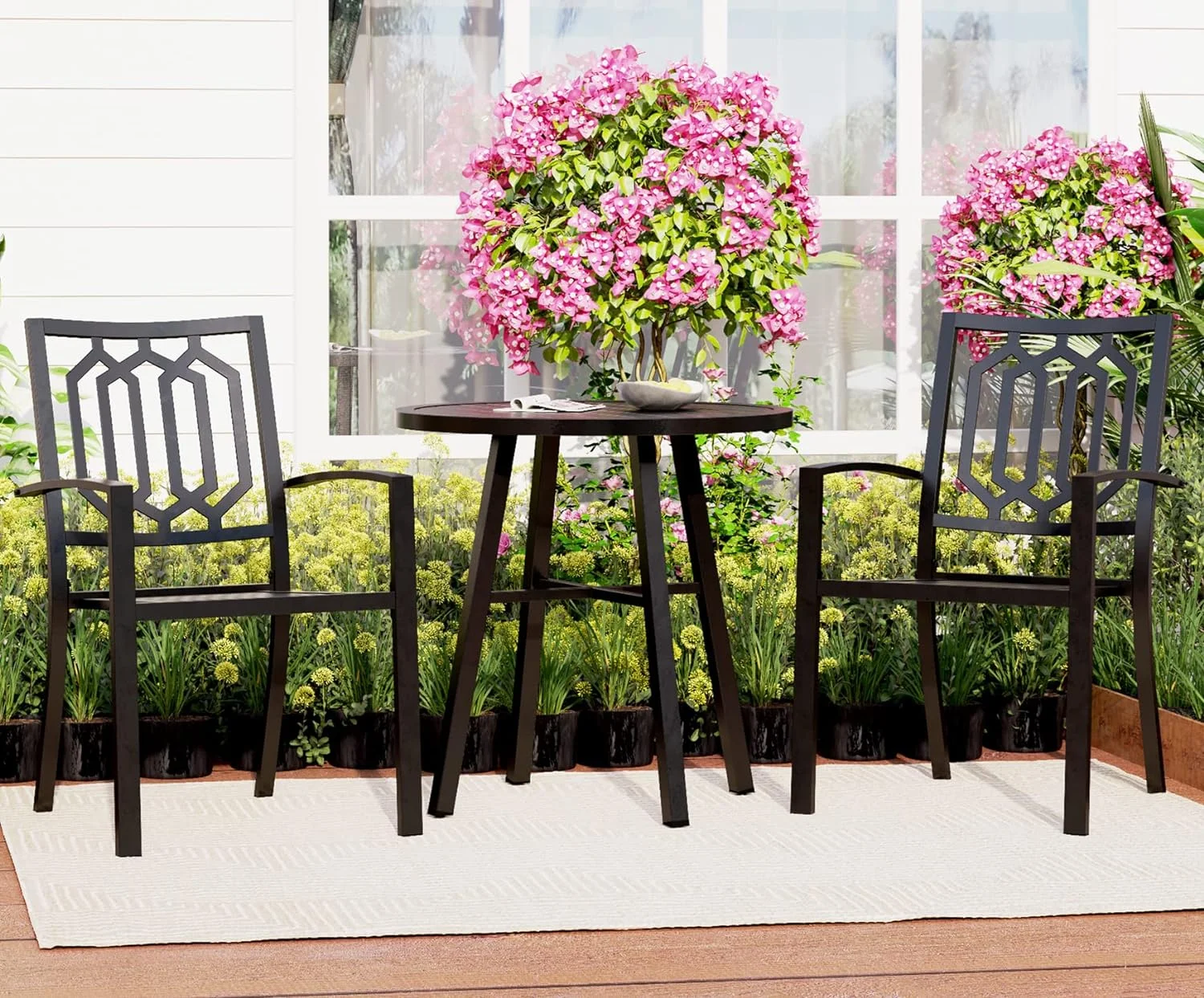 3 Pieces Metal Patio Set,Outdoor Bistro Furniture Set With 2 X Dining Chairs And 1 X Round Table，Black