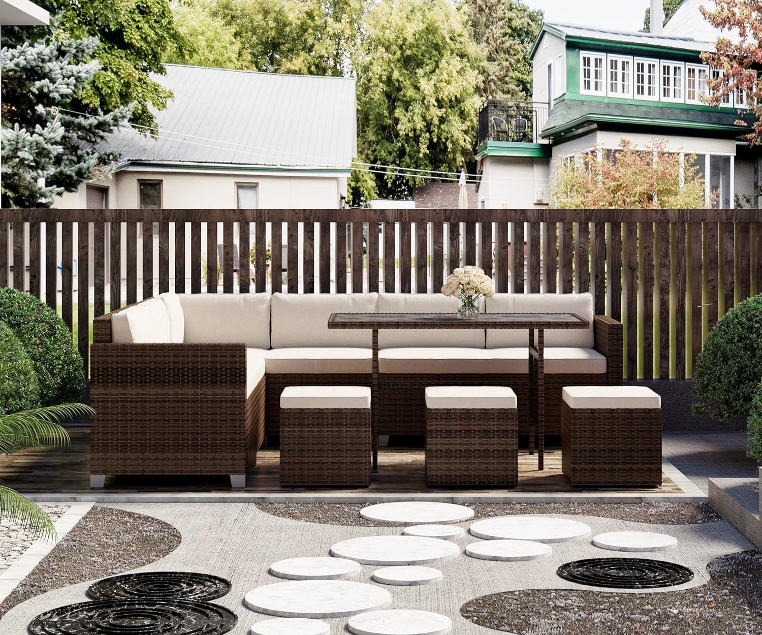 Dina 7 Piece Patio Furniture Set  Outdoor Furniture Patio Sectional Sofa  All Weather PE Rattan Outdoor Sectional with Beige Cushions and Table.