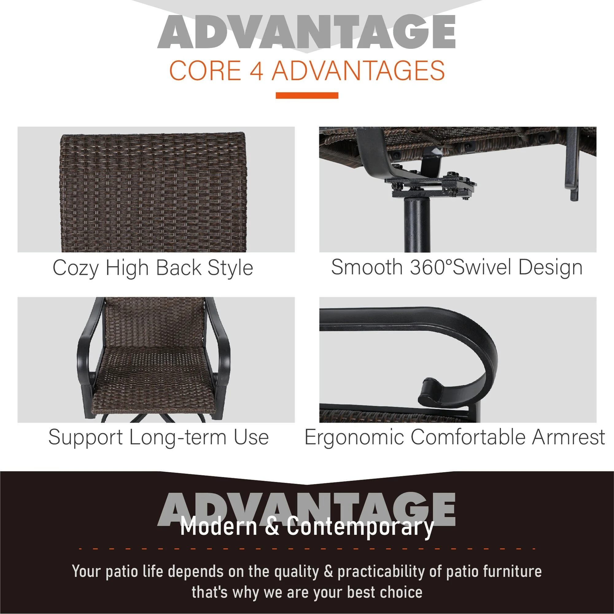 7-Piece Patio Dining Set Steel Panel Table & 6 Rattan Swivel Chairs