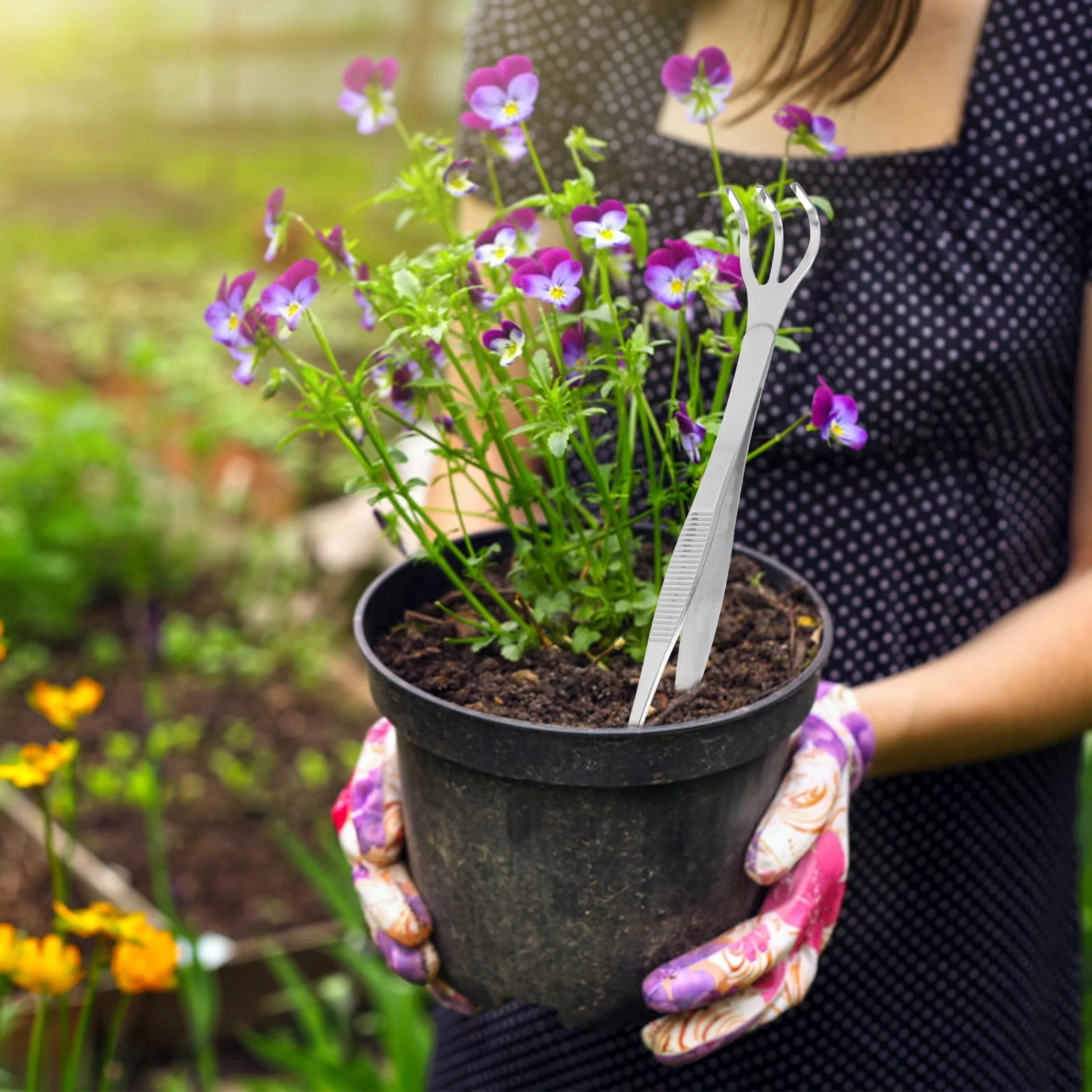 Qumonin Mini Bonsai Root Rake Tweezers 2-in-1 Stainless Steel Gardening Tool