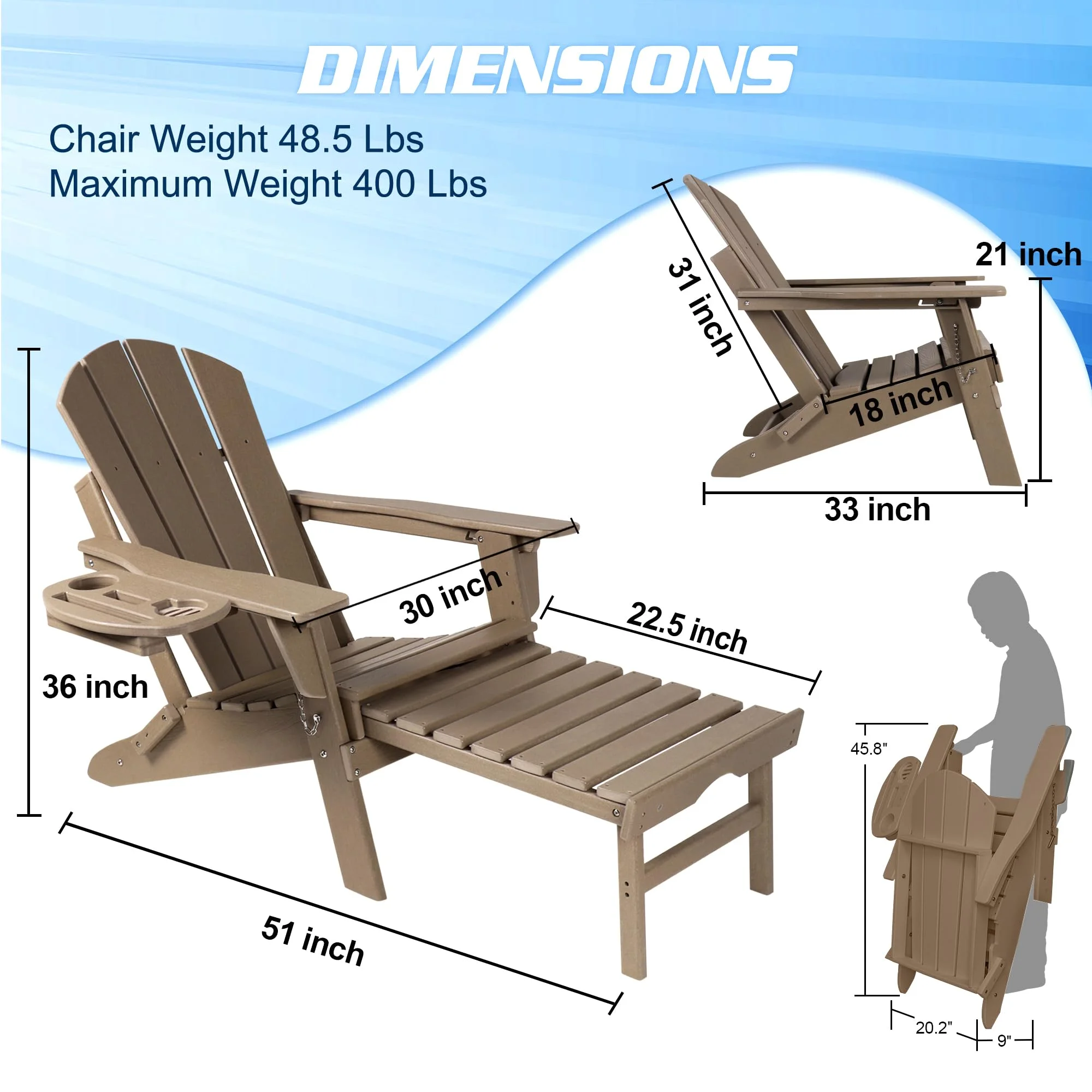 2PCS Folding Adirondack Chair with Retractable Ottoman, HDPE All-Weather Resistant Adjustable Backrest Adirondack Chair w/4 in 1 Cup Holder Trays, Wood Texture Brown