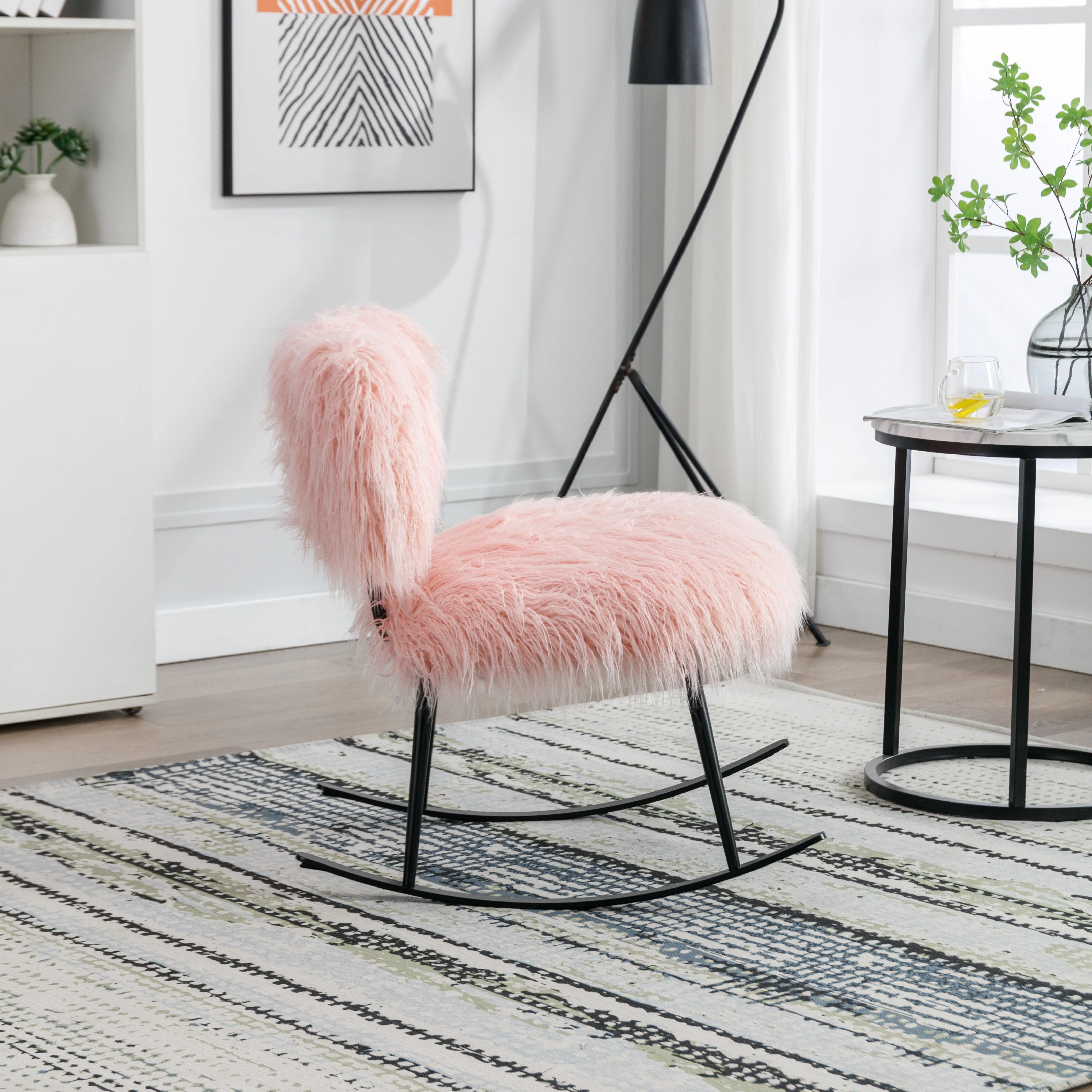 25.2'' Wide Faux Fur Plush Rocking Chair, Metal Rocking Chair, Comfortable Modern Living Room Chair, Bedroom Chair, Outdoor Yard Chair