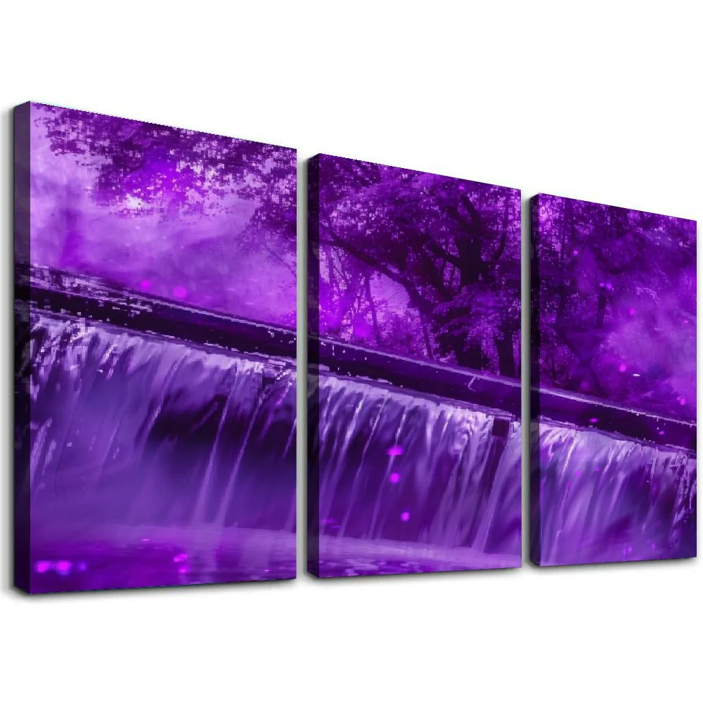 nygtbtfer  Framed Canvas Wall Art for Living Room Bedroom Wall Decor- Purple Tree Waterfall Landscape Print Picture Canvas Paintings for Office Decor Framed Ready to Hang 12x16x3pcs
