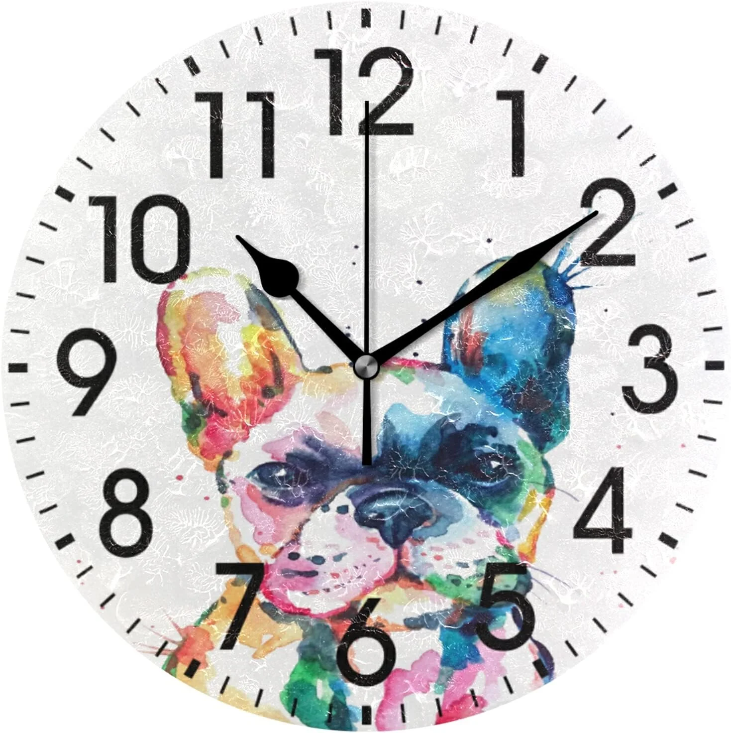 GZHJMY Home Decor Watercolor French Bulldog 9.5 inch Round PVC Acrylic Wall Clock Non Ticking Silent Clock Art for Living Room Kitchen Bedroom(Black Pointer)
