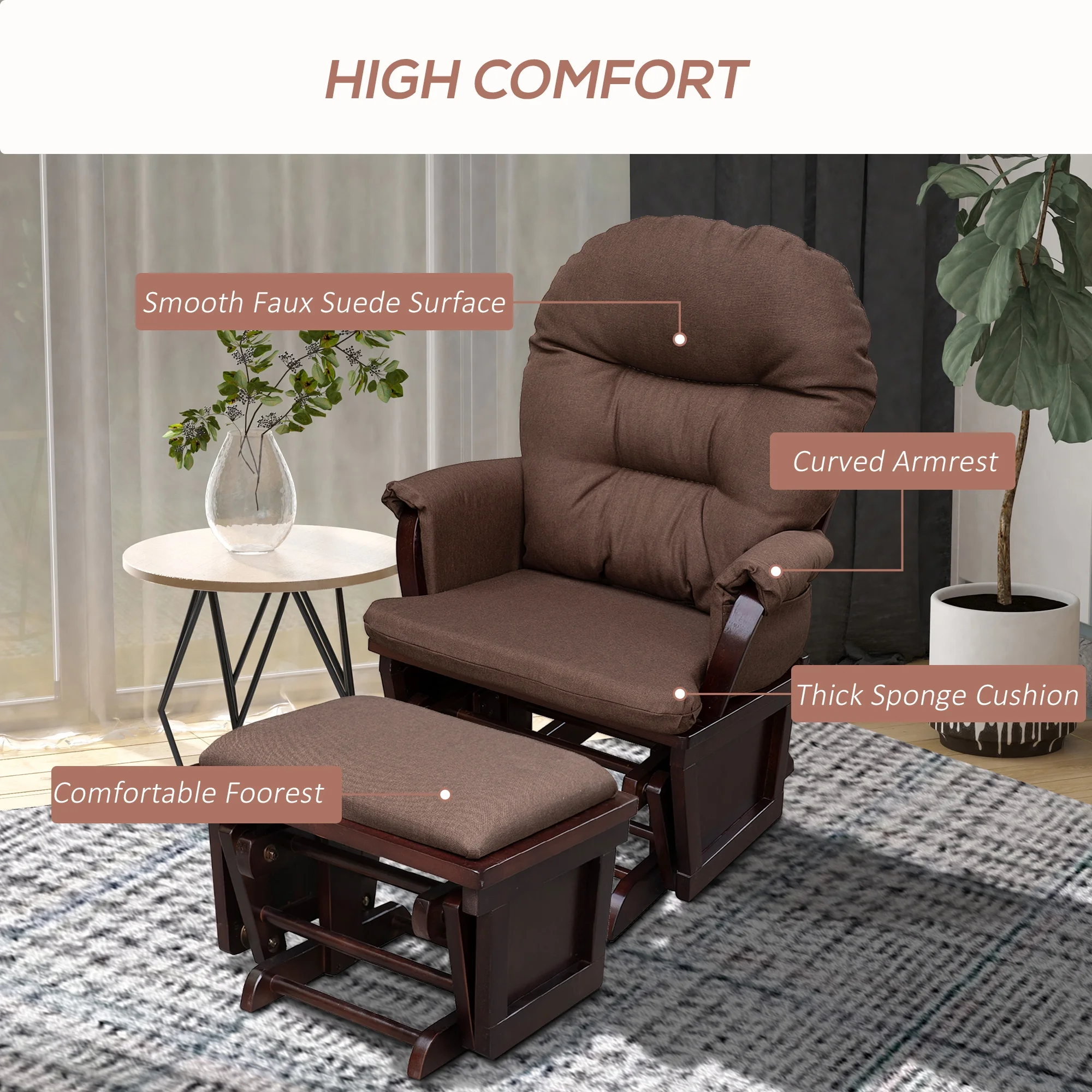 Homiyad Nursery Glider Rocking Chair with Ottoman, Thick Padded Cushion Seating and Wood Base, Brown
