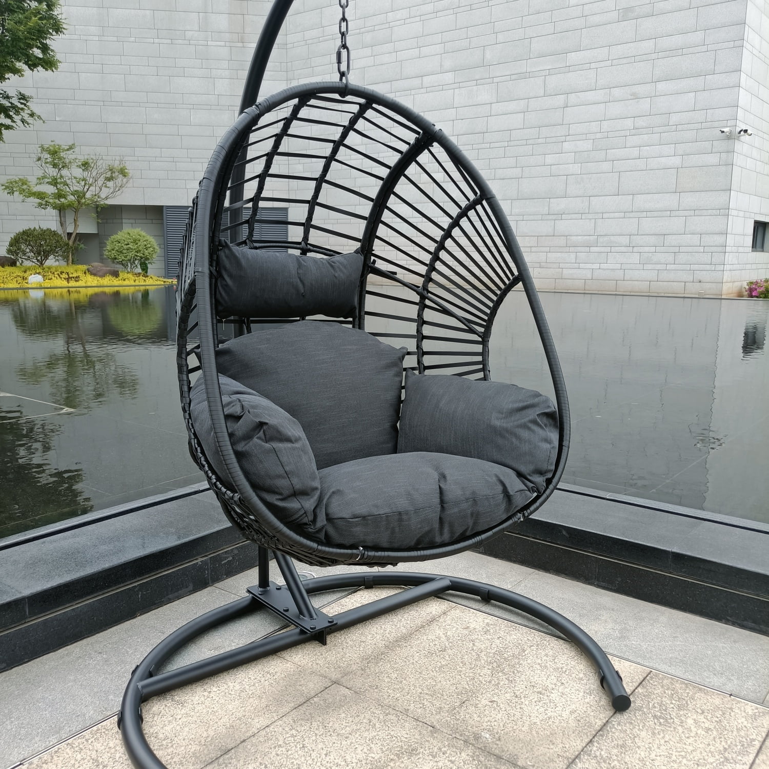 Ultimate Comfort Premium High Quality Stylish Black PE Wicker Swing Egg Chair for Indoor and Outdoor Use - Antracite Cushion and Base - Perfect Addition to Your Home or Patio for Relaxati
