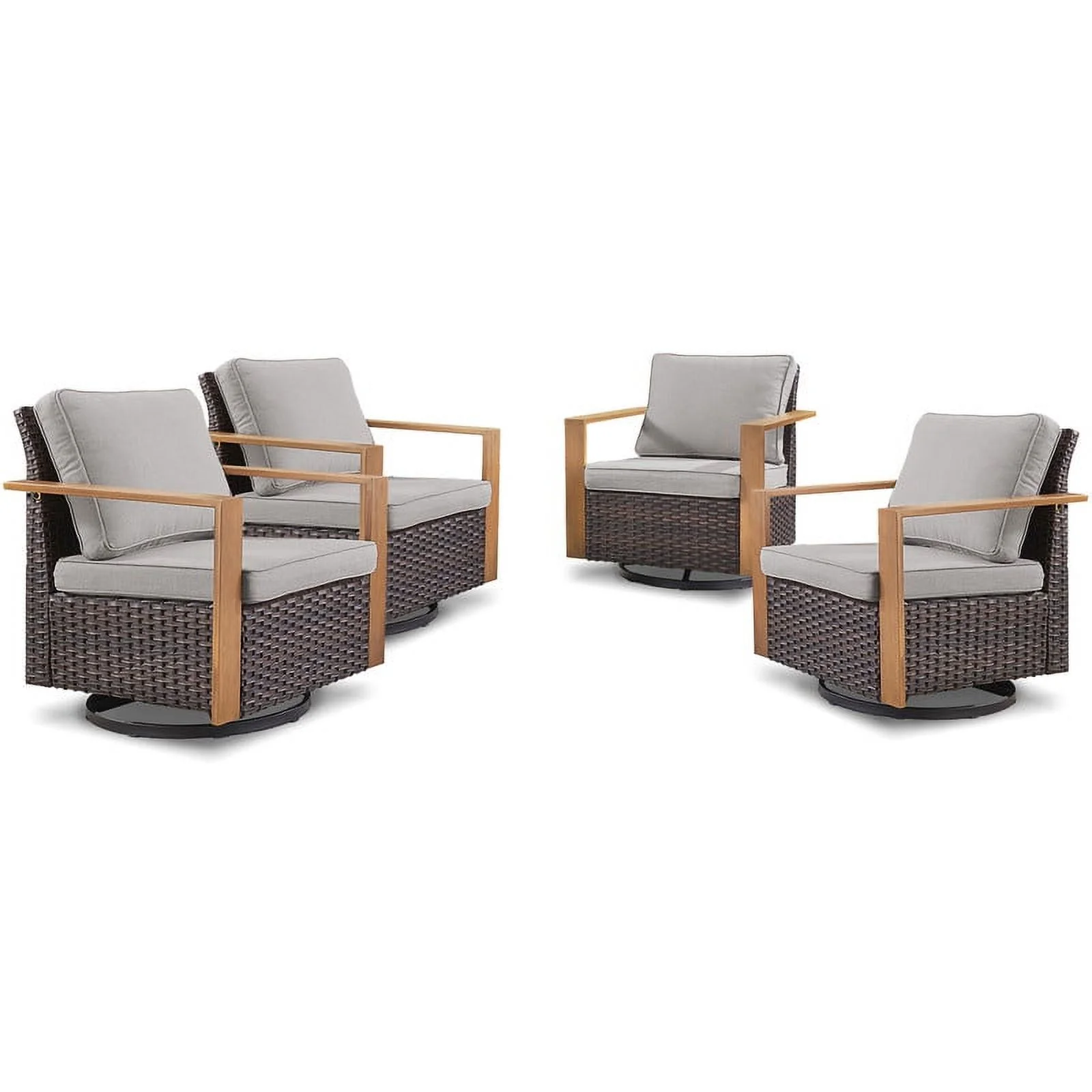 PARKWELL Outdoor Swivel Glider Chair Set of 4, Patio Cushioned Lounge Swivel Rocker Arm Chair for Balcony Yard,Brown Wicker and Gray Cushions
