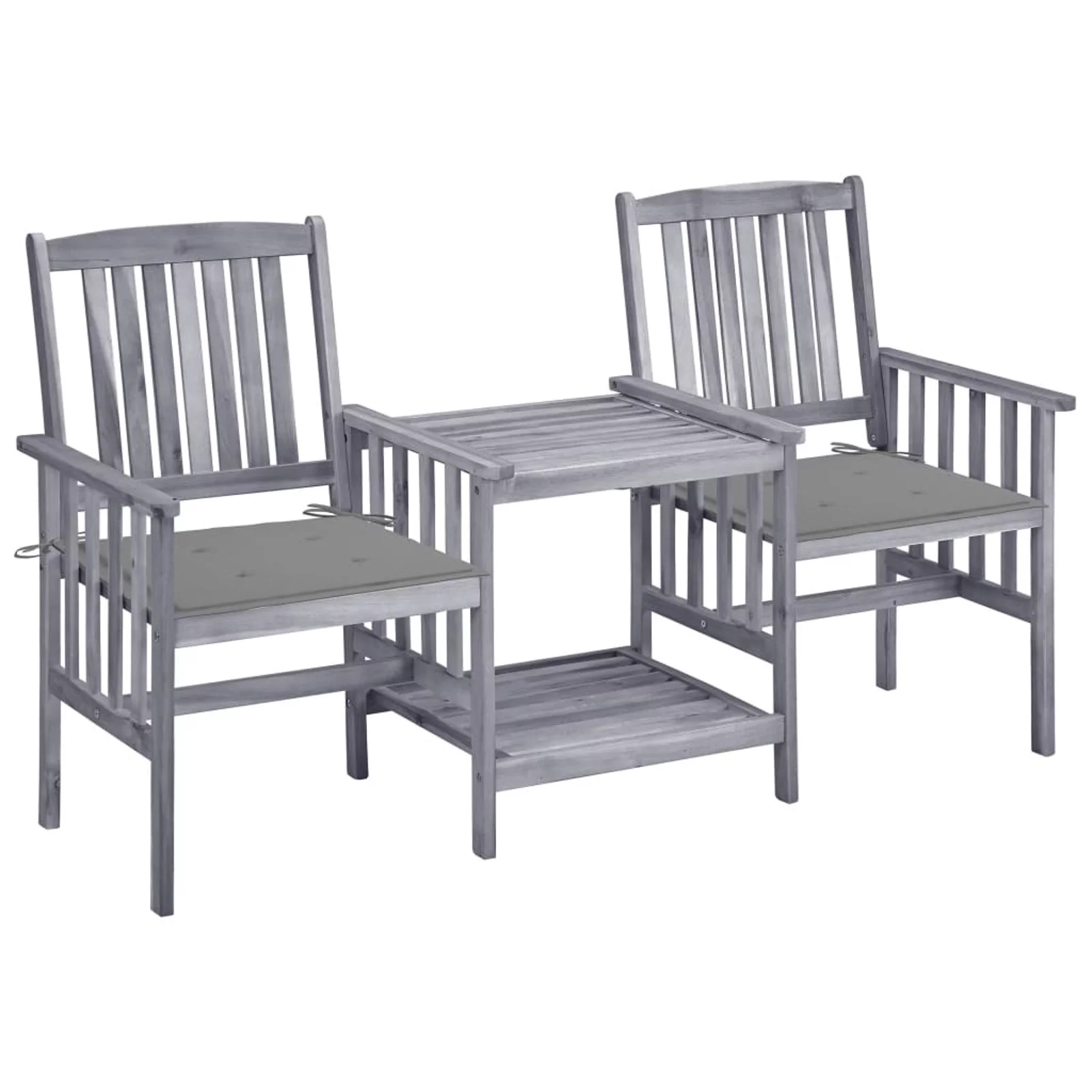 Anself Wooden Double Chairs with Cushion and Tea Table with Storage Shelf Gray Acacia Wood Bistro Set for Patio, Backyard, Balcony, Lawn,  62.6 x 24 x 36.2 Inches (L x W x H)
