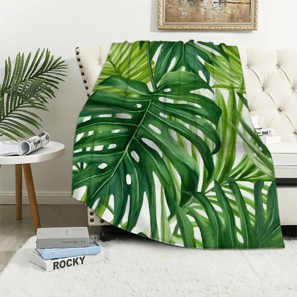 JRXY  Tropical Palm Leaves Throw Blanket Watercolor Palm Tree Green Leaf Summer Rainforest Cosy Throw Blanket Flannel for Bedroom Sofa Couch Car Deck Chair White