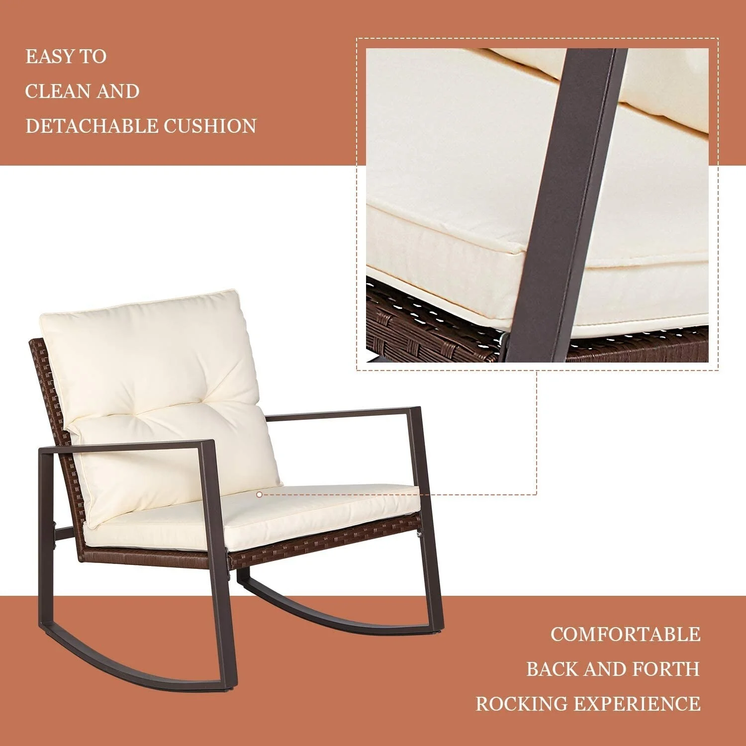 SUNCROWN 3-Piece Patio Rocking Brown Wicker Bistro Set Beige