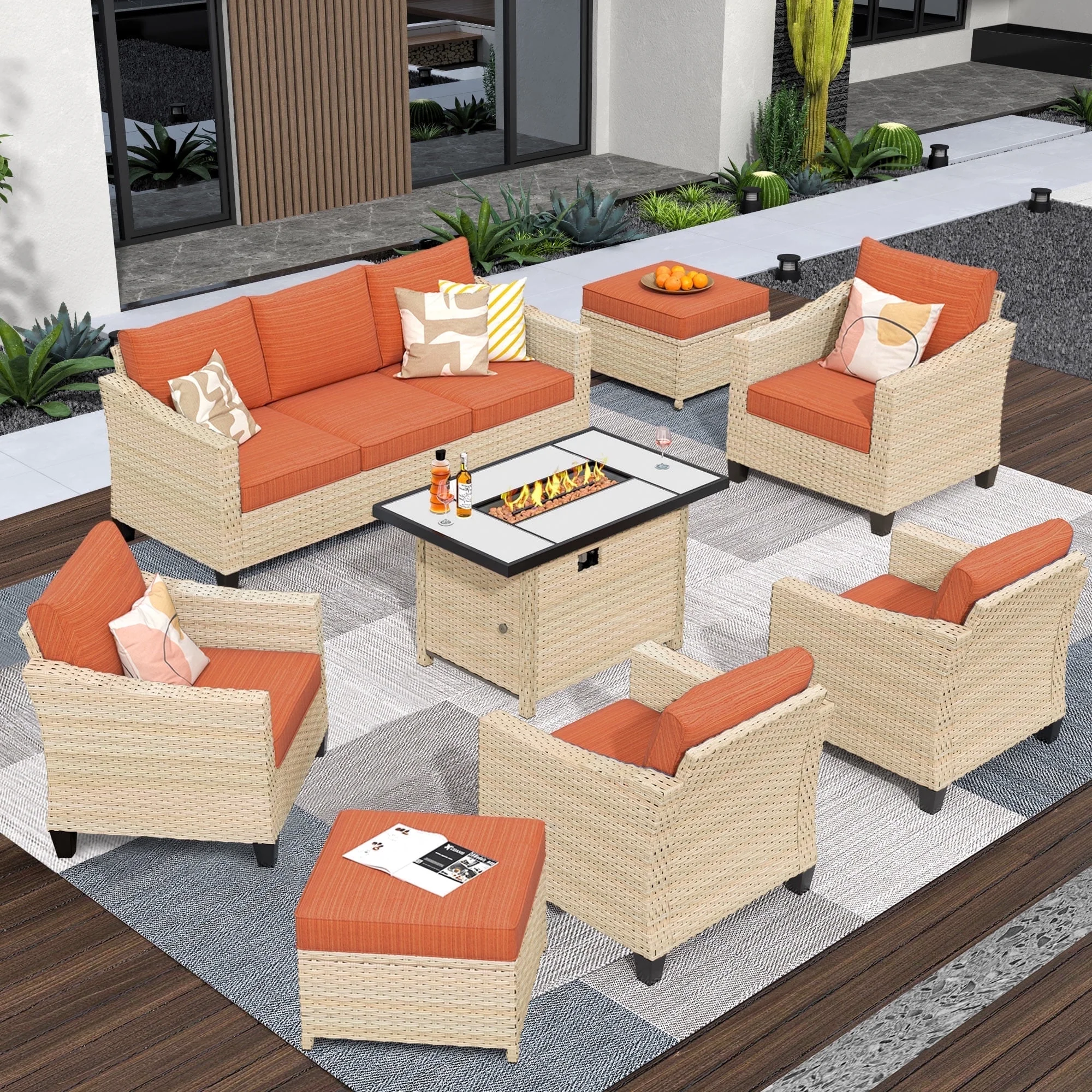 Vcatnet 8 Pieces Outdoor Patio Furniture Sectional Sofa Conversation Set with Cushions and Fire Pit Table for Garden,Poolside,Orange red