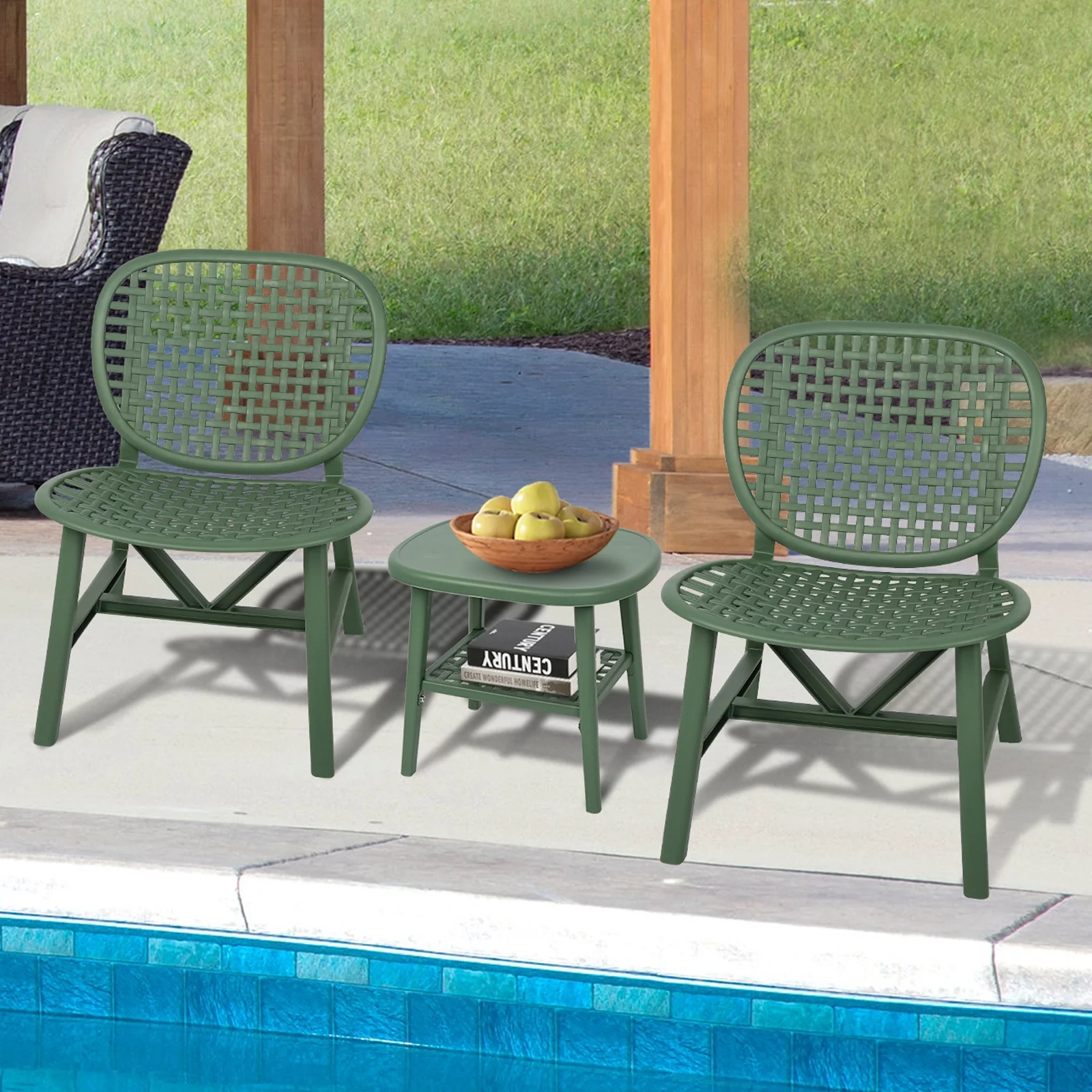 Dcenta 3 Pieces Hollow Design Retro Patio Table Chair Set All Weather Conversation Bistro Set Table with Open Shelf and Chairs with Widened Seat for Balcony Garden Yard Green
