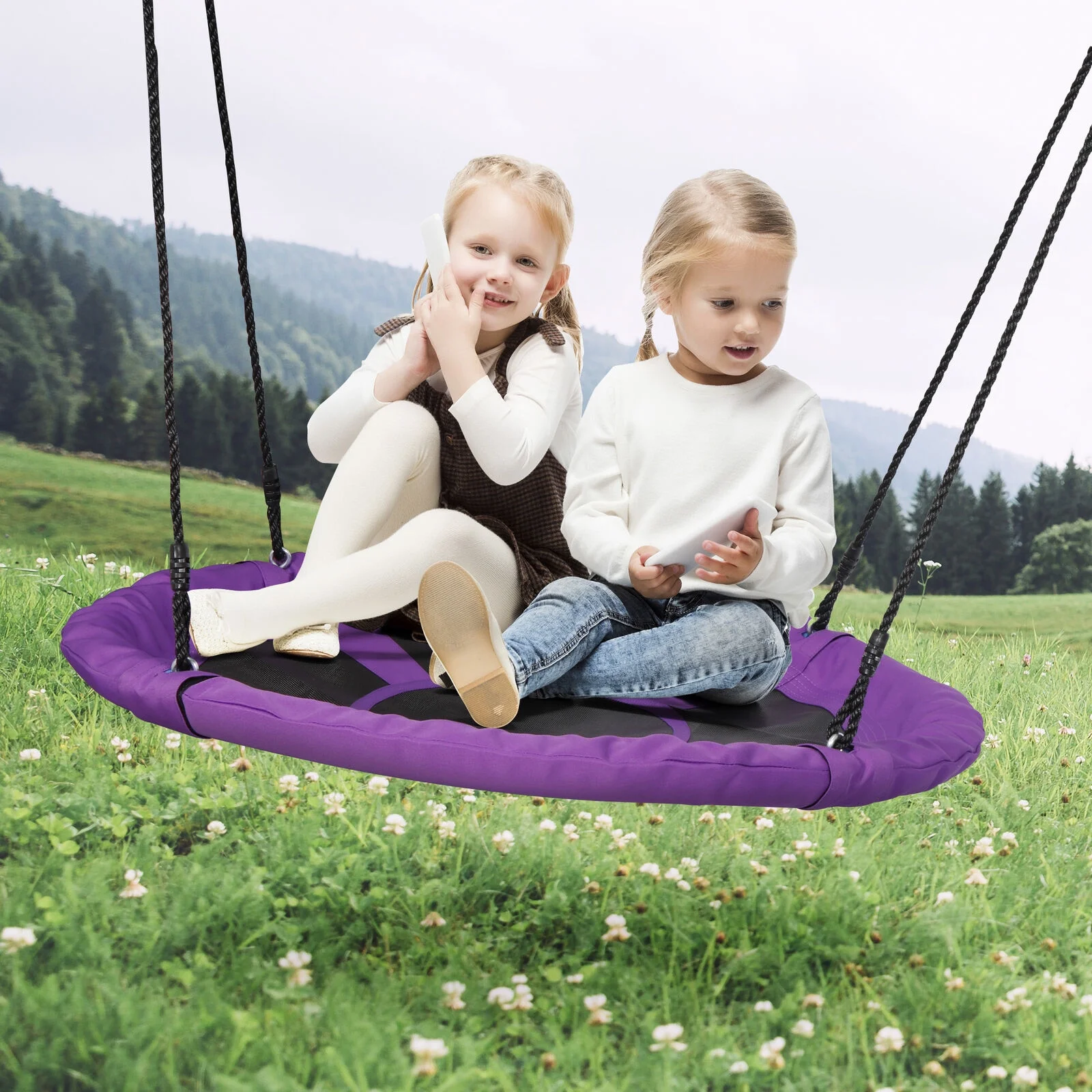 40 Inch Purple Saucer Tree Swing Set for Kids w/Heavy Duty A-Frame Metal Stand