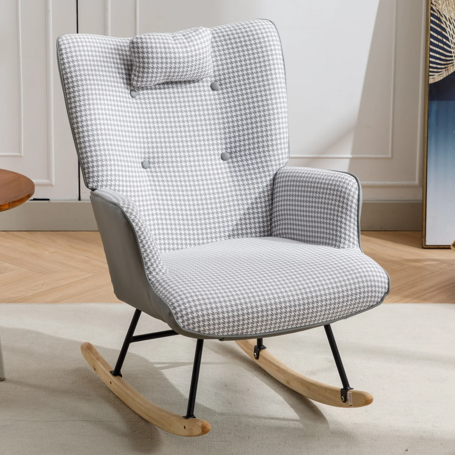 Light grey Comfy 35.5 inch Soft Houndstooth Fabric Leather Rocking Chair for Nursery  Wingback Glider Rocker with Safe Solid Wood Base  Ideal for Living Room Bedroom Balcony