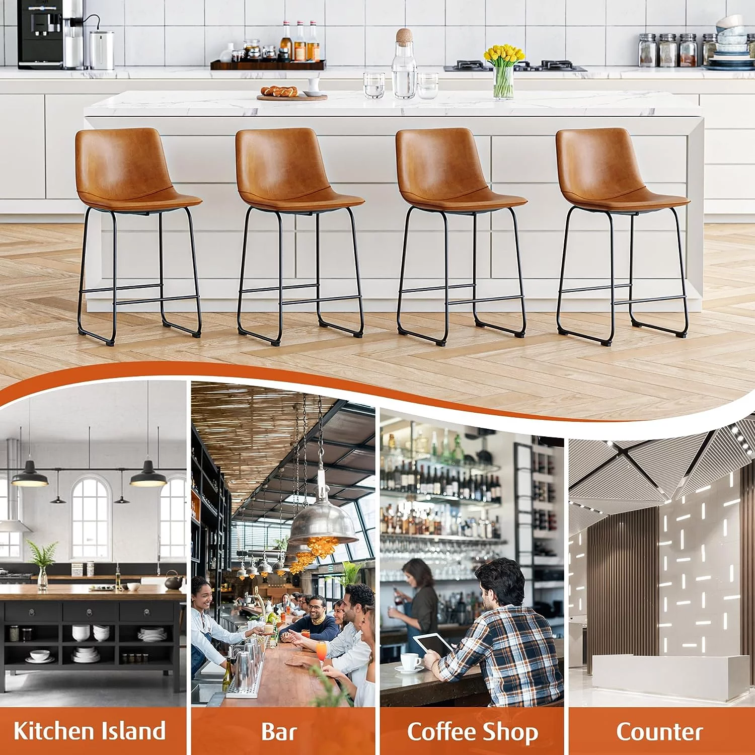 YaFiti Barstools 26'' PU Leather Counter Height Bar Stools Set of 4 with Back Modern Armless Chairs with Footrest and Metal Legs for Kitchen Living Room Pub, Brown