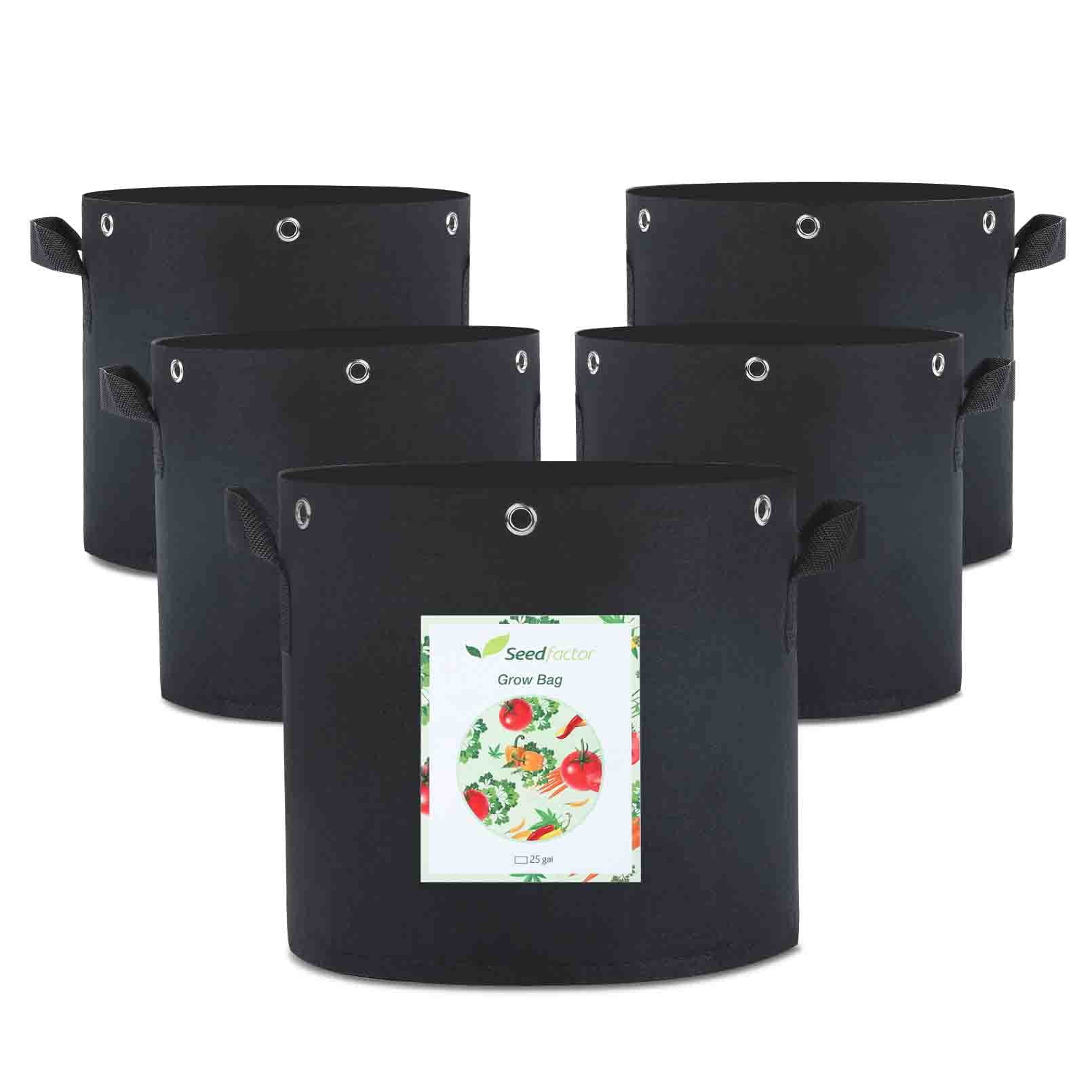 Seedfactor 5 Pack 25 Gallons Plant Grow Bags, Heavy Duty Thick Nonwoven Fabric Pots Planters w/ Multi-Purpose Rings for Low Stress Training Fruits, Vegetables & Flowers