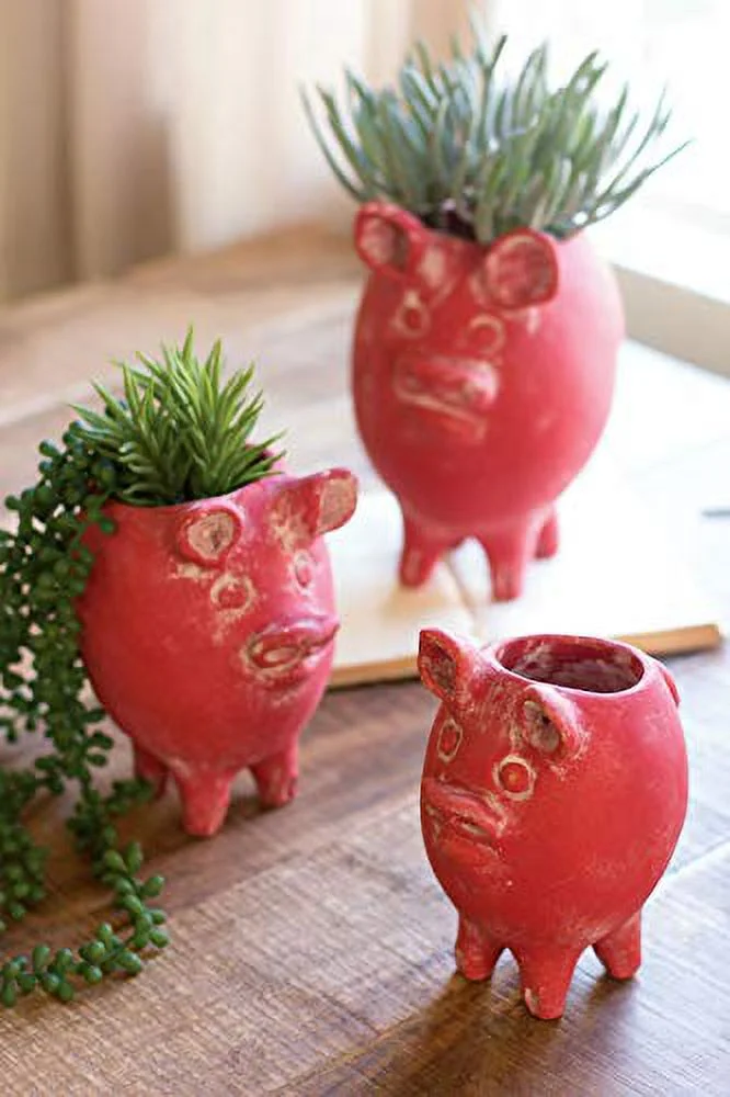 Kalalou Set of Tall Clay Pig Planters, One Size, Red