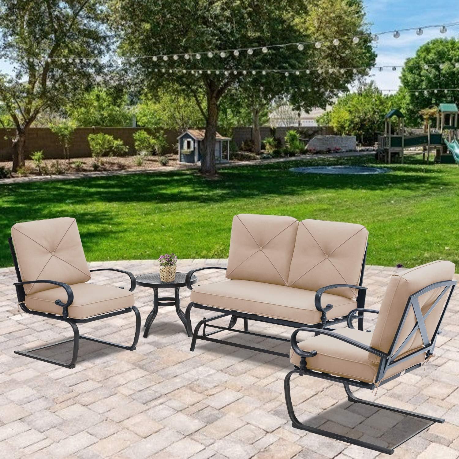 Dina 4Pcs Outdoor Furniture Patio Conversation Set  Glider Loveseat  2 Spring Chairs with Coffee Table with Red Cushion