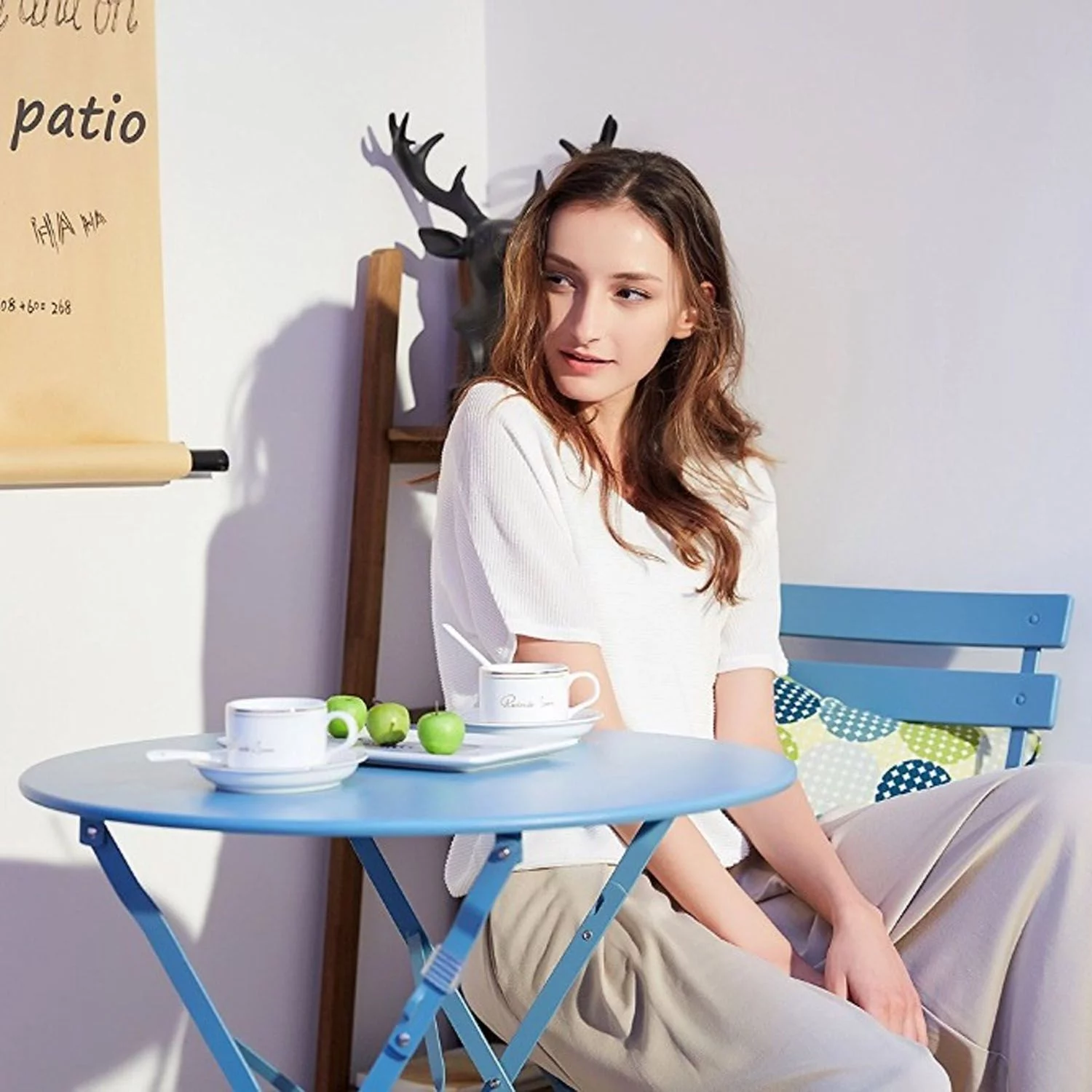 Ella 3 Piece Bistro Style Furniture Set – 2 Eye Catchy Relaxing Chair With a Handy Round Tea Table - Blue