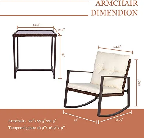 SUNCROWN 3-Piece Patio Bistro Set Outdoor Rocking Chairs Set  Wicker Porch Chairs with Glass Coffee Table, Beige Cushion
