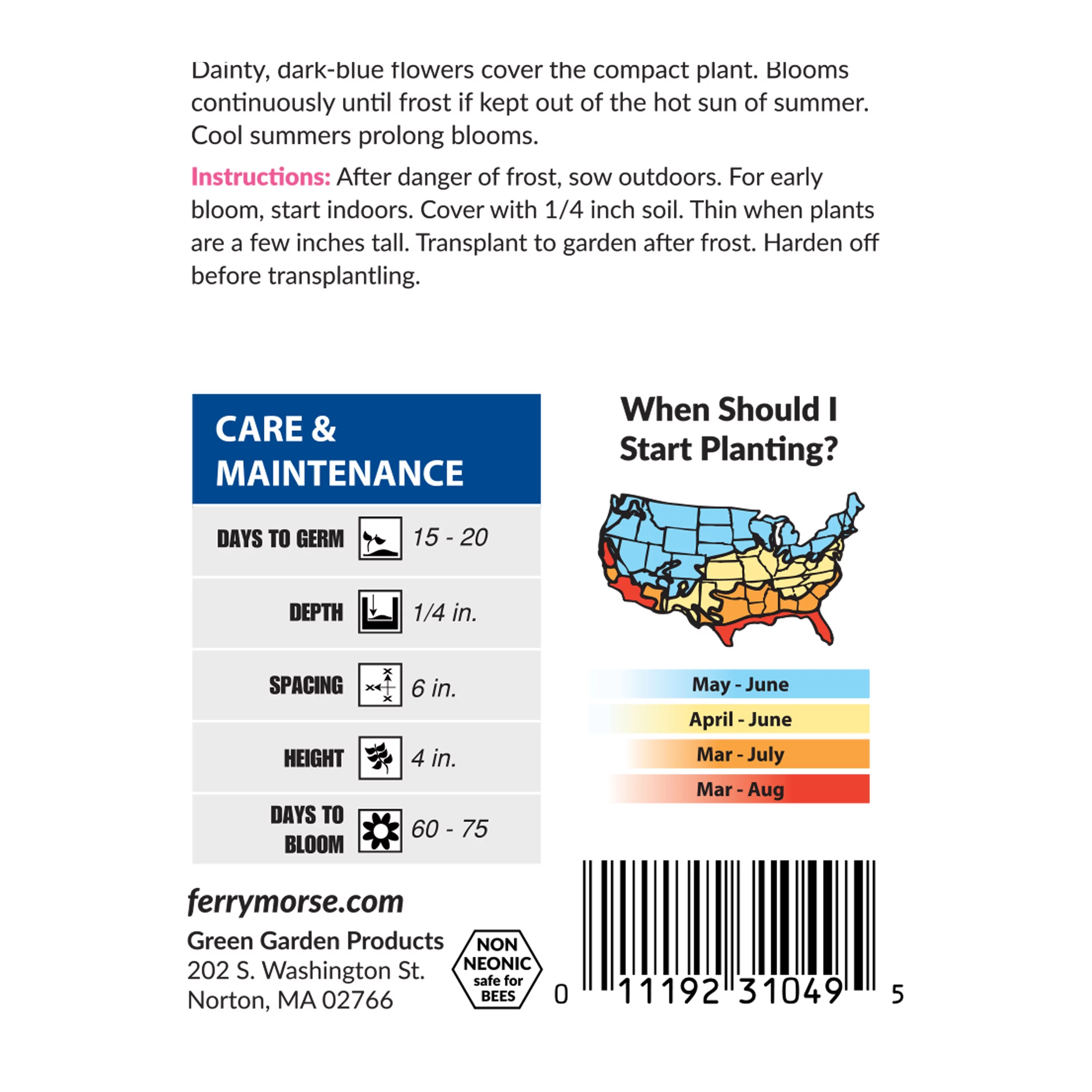 Ferry-Morse 1G Lobelia Crystal Palace Annual Flower Seeds Full Sun