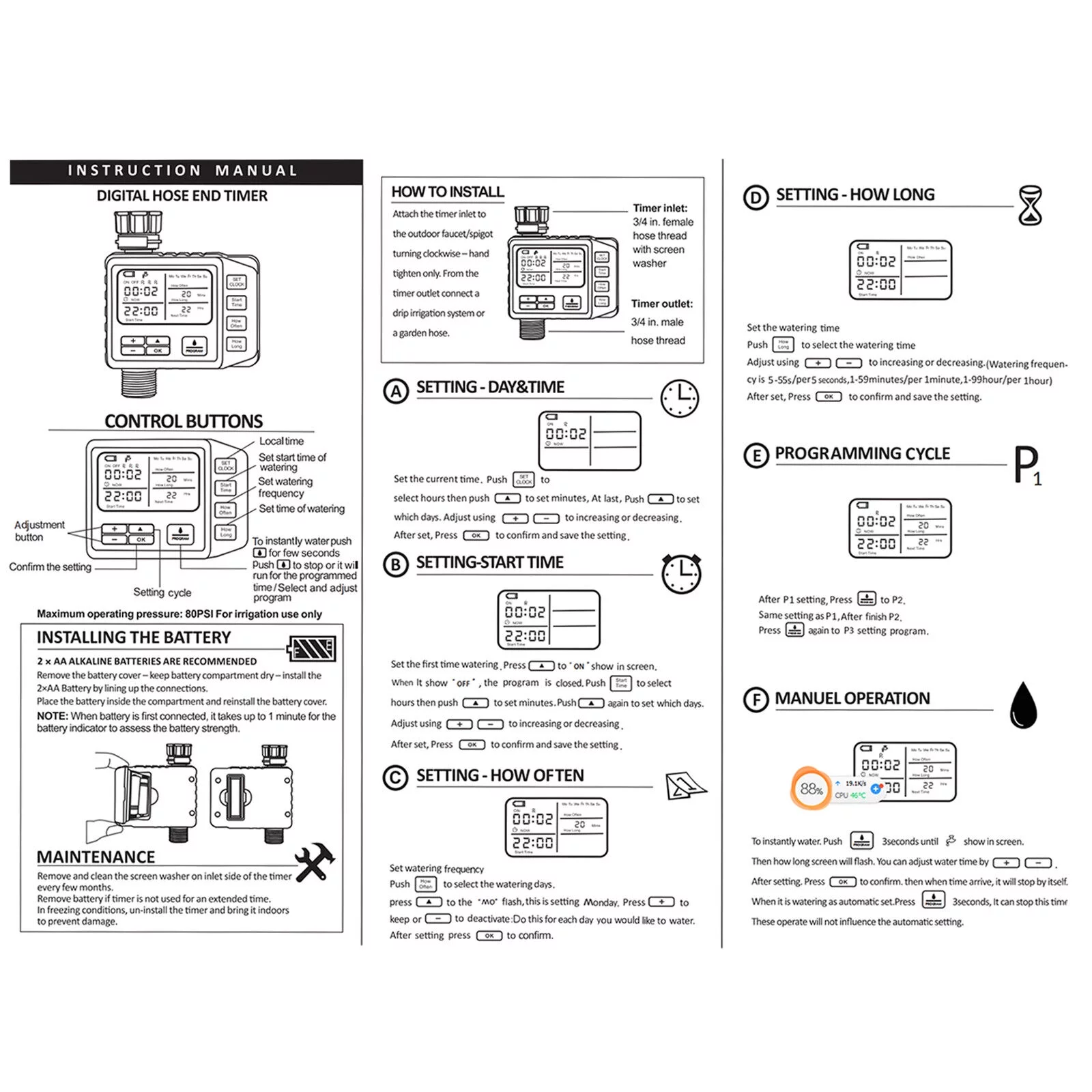 Miumaeov Water Timer 1-Outlet Programmable Hose Faucet Smart Timer Automatic Watering System Outdoor Controller Timer LCD Display for Irrigation