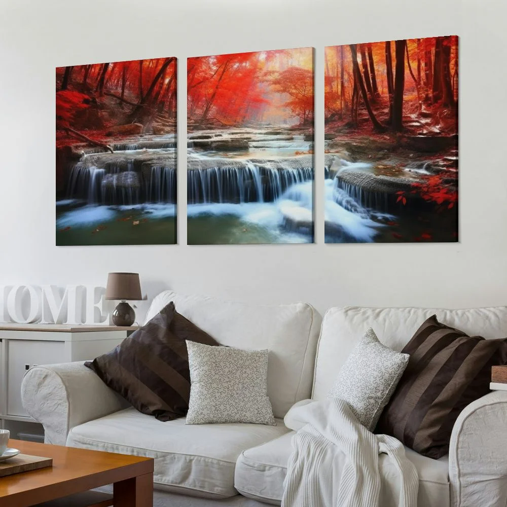 ONETECH BK03950 Wall Art Decor Canvas Print Picture Red Forest Waterfalls Modern Landscape Tree for Living Room Bedroom Kitchen Office Home Decorations Stretched 12''x16''X3 Panels