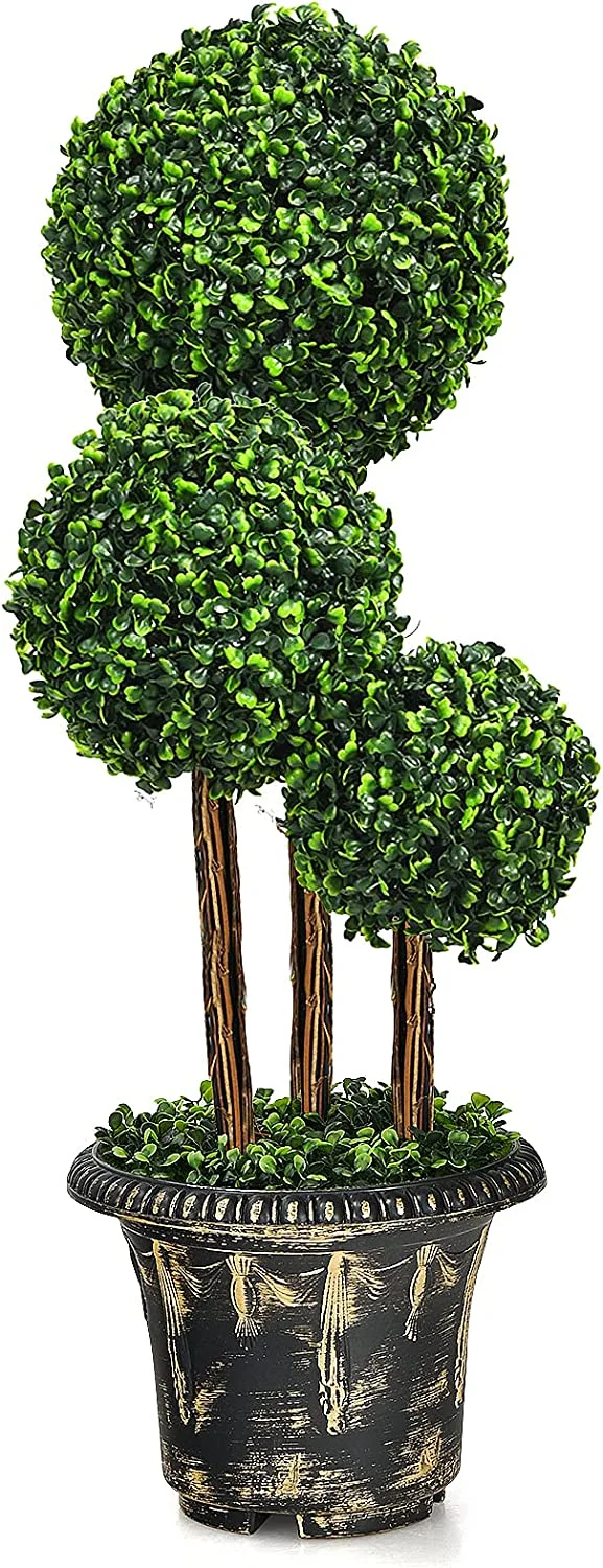 Artificial Boxwood Topiary Tree, Fake Greenery Plants Triple Ball Tree, Leaves & Cement-Filled Plastic Flower Pot Decorative Trees for Home, Office, Indoor and Outdoor Use