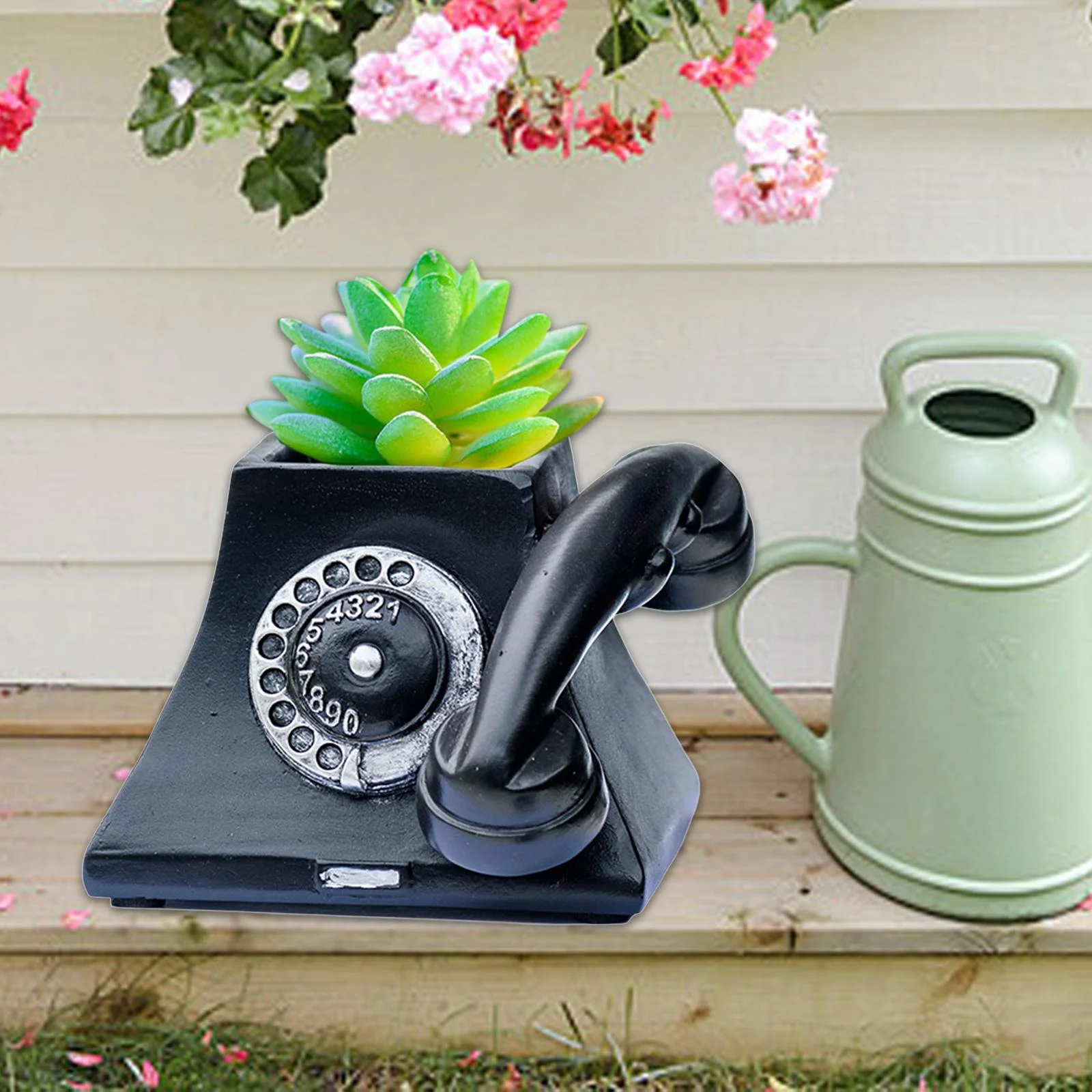 Colaxi Telephone Flower Pot Garden Flowerpot Micro Landscape Unique Telephone Flowerpot Resin Plant Pot for Table Living Room Office Black