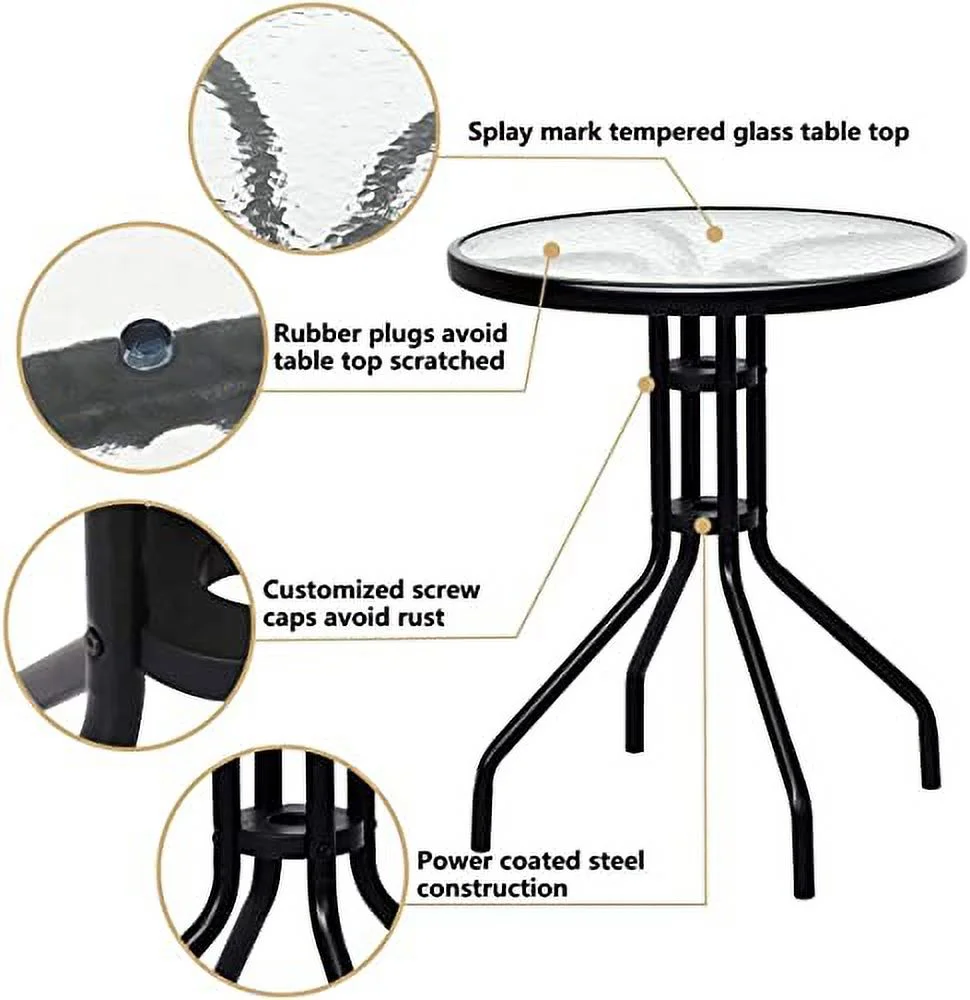 LUARANE 3 Piece Patio Bistro Set, Outdoor Table and Chairs Set, 2 Folding Chairs & Coffee Table w/Textured Glass Tabletop, Small Patio Furniture Set for Balcony, Front Porch, Backyard & Garden