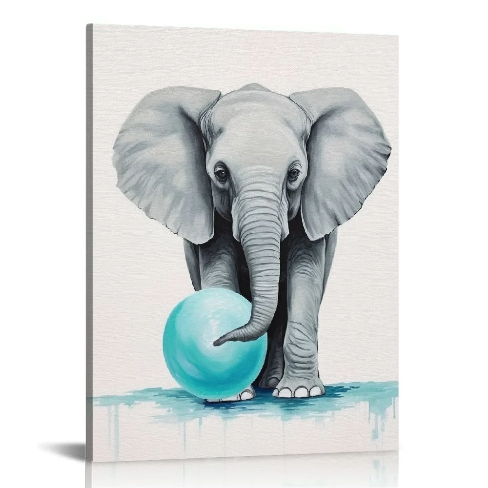FLORID  Cute Baby Elephant Animal Bubble Gum Art Teal Blue Canvas Print Watercolor Painting Wall Art Home Decoration Pop Art Kids Room Decor Nursery Ready to Hang Made in The USA