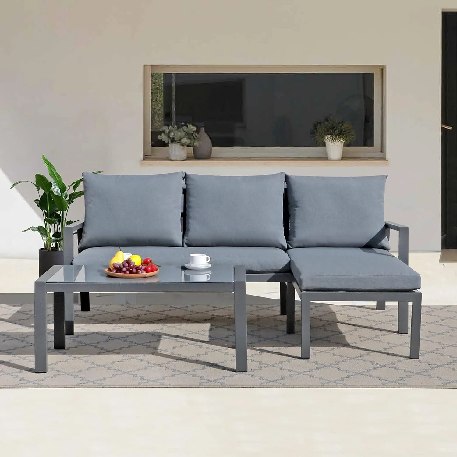 Outdoor Patio Furniture Set With Chaise Lounge, Aluminum Sofa Set For Porch Garden, Space Saving L-Shaped Corner Sectional Chair With Glass Coffee Table, Dark Grey Finish & Grey Cushion