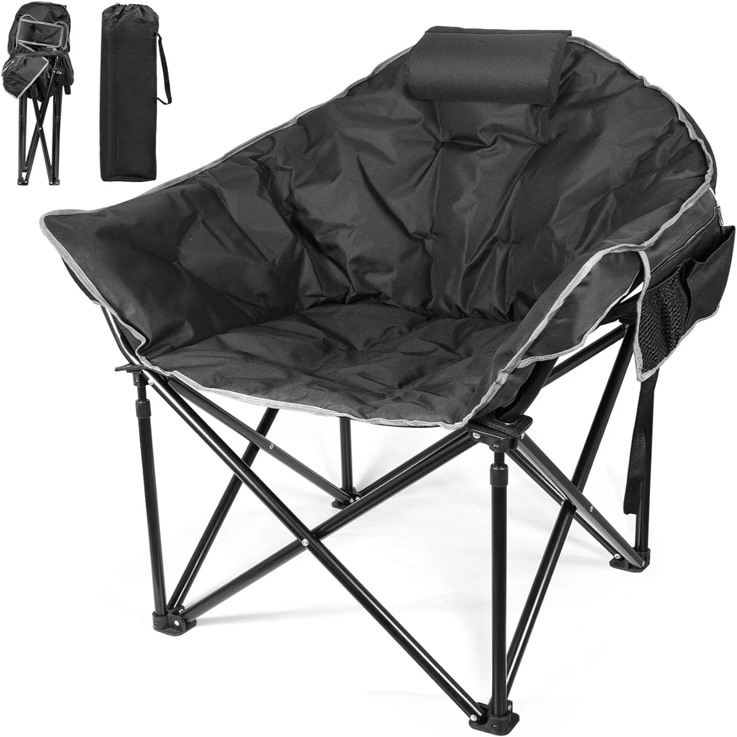 Oversized Camping Chairs for Adults  Folding Chair with Fully Padded Seat & Back  Portable Camping Lounge Chair with 2 Big Side Pockets  Pillow and Carry Bag for Outside  Travel  Camp
