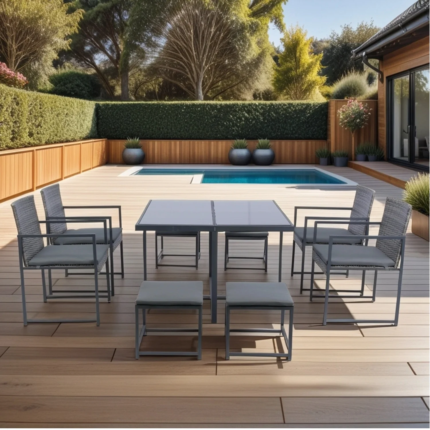 Grey Wicker Rattan Chairs with Dark Grey Cushion - Outdoor Space Saving 9 Pieces Patio Dining Sets Including Glass Table Top